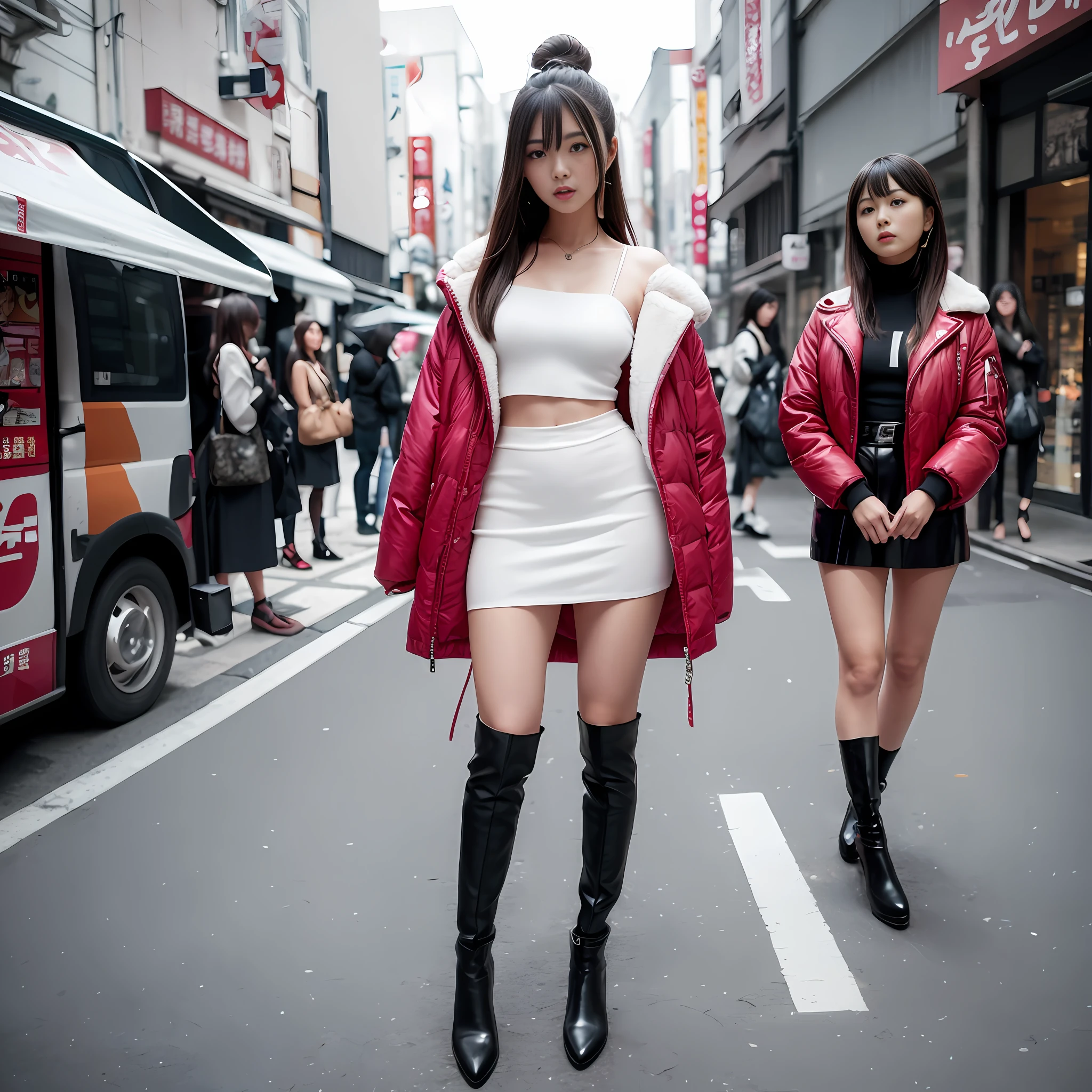 A woman in a white top and black boots standing on the street, Chinese female fashion model, white fluffy clothes, short skirt and long jacket, Japanese city street fashion, black pink Rosan Park, she wears streetwear, Japanese street fashion, Tokyo fashion, street dress woman in jacket and skirt, street fashion, Harajuku street fashion, beautiful woman walking in the wind, black gloves, over-the-knee red boots, tall, long legs, perfect body proportions, thin waist, black suspender stockings, tall, Slender body, nine-headed body, big eyes, beautiful and exquisite face, perfect body details, perfect body proportions, perfect visual proportions, fashion shooting, glamorous, feminine, delicate, highlighting female curves, subtext: sexy, confident. Chinese woman --auto --s2
