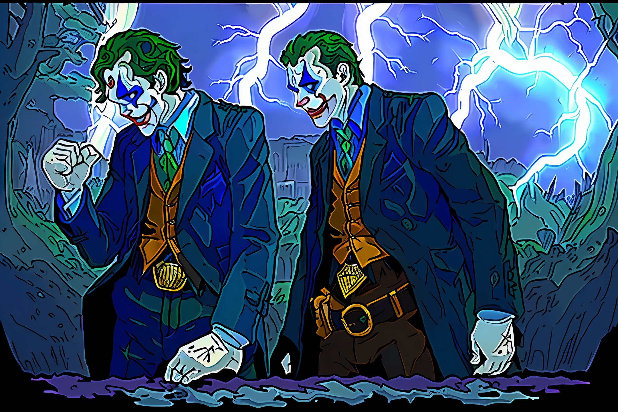 Batman fighting with joker in the rain as lightning strikes and robin assite