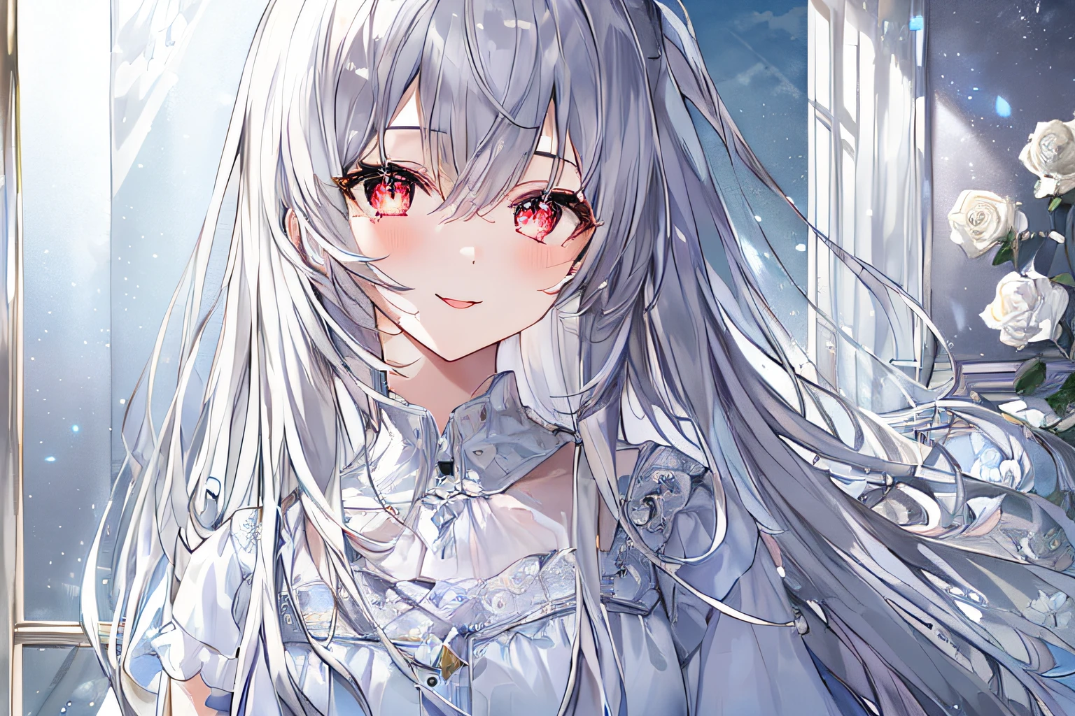 1girl, full body, denim photo, (Rembrandt), illustration, (masterpiece), (best quality), (ultra_detailed), finely detail, (Depth of field), , glove, long hair, star\ (symbol\), looking at viewer, (silver hair:1.2), red eyes, upper body, hair ornament, :p, frills, pink shirt, smile, sleeveless, shirt, idol, symbol-shaped pupils, hands up, brags smile, sleeveless, shirt, idol, symbol-shaped pupil, bangs, side up, star-shaped pupils, arms up, skirt pulling, roaring twenties, isometric, From above, the sky, the flowers, the cliffs,