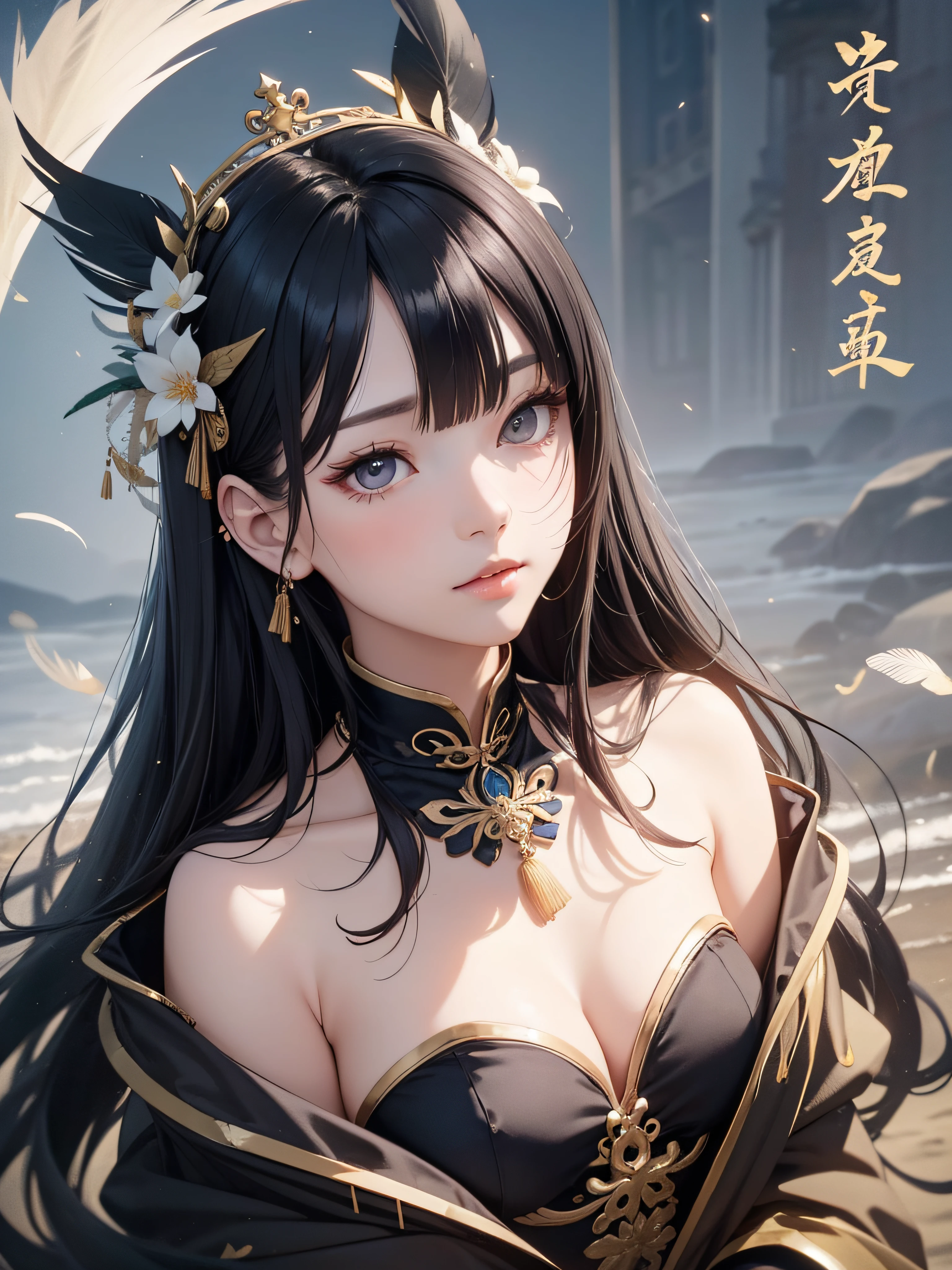 masterpiece, real, beautiful payback maiden with Chinese style black hair ultra long hair wearing a thin beautiful feather robe that descended from heaven on the beach, looking down at the viewer with dim eyes, Chinese style hair ornament, in the fog in the moonlight, divinity in the halo, in the evening mist, 18 years old, depressed eyes, photorealistic, ideal hair luster, whole body, quiet waterside with a waterfall nearby, mole
