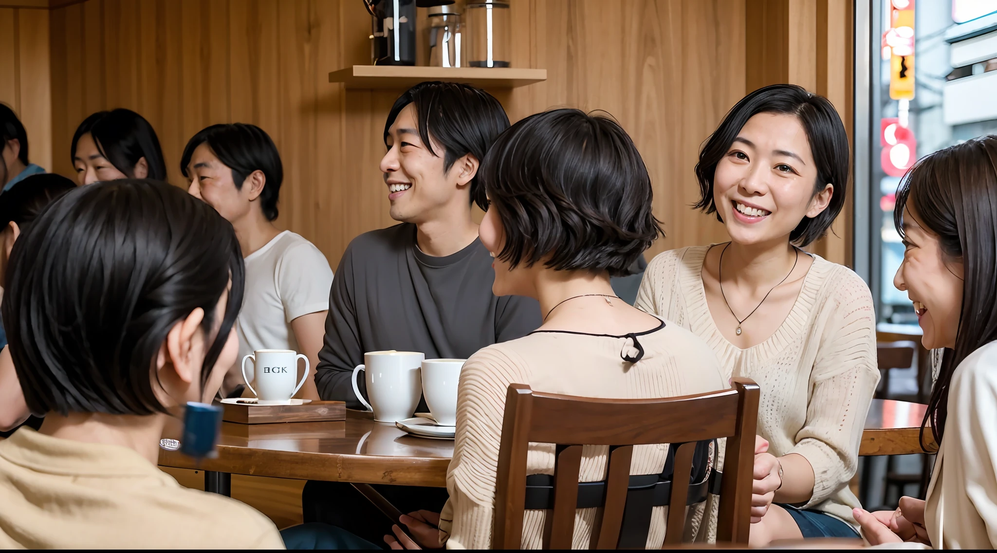 8k uhd, RAW photo, Japan woman having fun in café, smiling, multiple people, men and women, photoreal, raw photo, portrait photography, japanese, many men, room bright, Japan people, cinematic, day