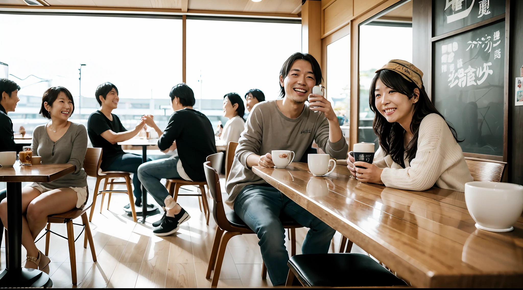 8k uhd, RAW photo, Japan woman having fun in café, smiling, multiple people, men and women, photoreal, raw photo, portrait photography, japanese, many men, room bright, Japan people, cinematic, day