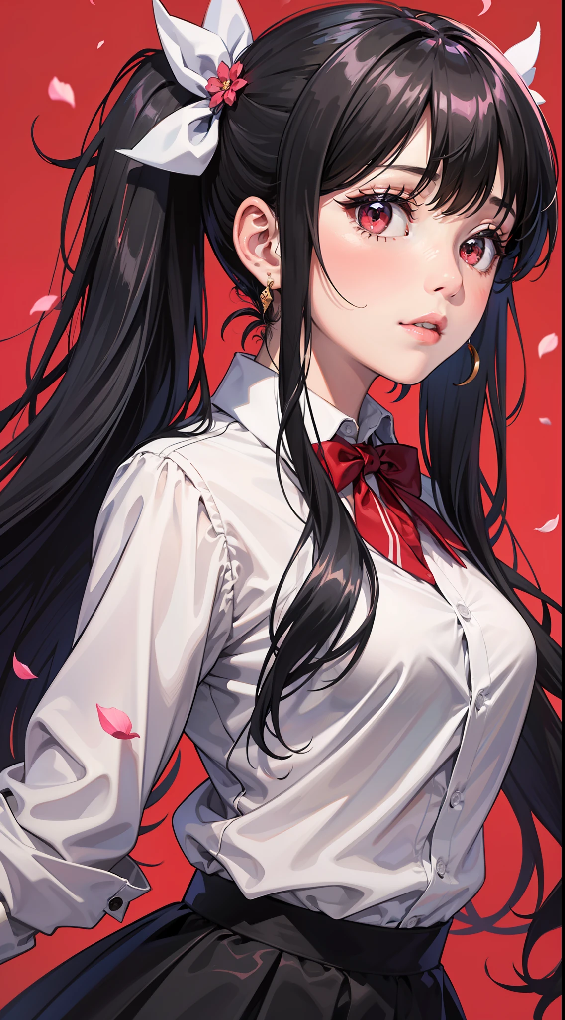 (masterpiece, best quality)),a girl, solo, twintails, shirt, skirt, petals, bowtie, earrings, jewelry, bangs, black hair, hair ornament, hair ribbon, red ribbon, red eyes, long hair, white shirt, multicolored hair, black skirt, red hair, long sleeves, pink bowtie, hair between eyes, looking at viewer, collared shirt, upper body, falling petals, depth of field, strong bloom, red background,hands in pockets