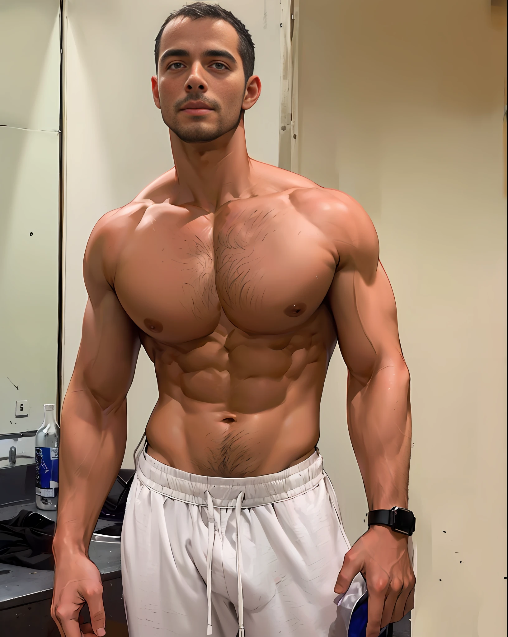 (RAW photo, best quality), (realistic, photo-realistic:1.3), Indonesian college stud, masterpiece, an extremely manly and masculine, facial hair, hairy chest, extremely detailed, CG, unity , 2k wallpaper, Amazing, finely detail, extremely detailed CG unity 8k wallpaper, huge filesize, ultra-detailed, highres, absurdres, soft light, pietroboselli person, tan skin, detailed fingers, extremely detailed eyes and face, beautiful detailed nose, beautiful detailed eyes, light on face, looking at viewer, (1man, mature face), realistic face, realistic body, underwear, shirtless, big bulge on underwear, big rounded ass