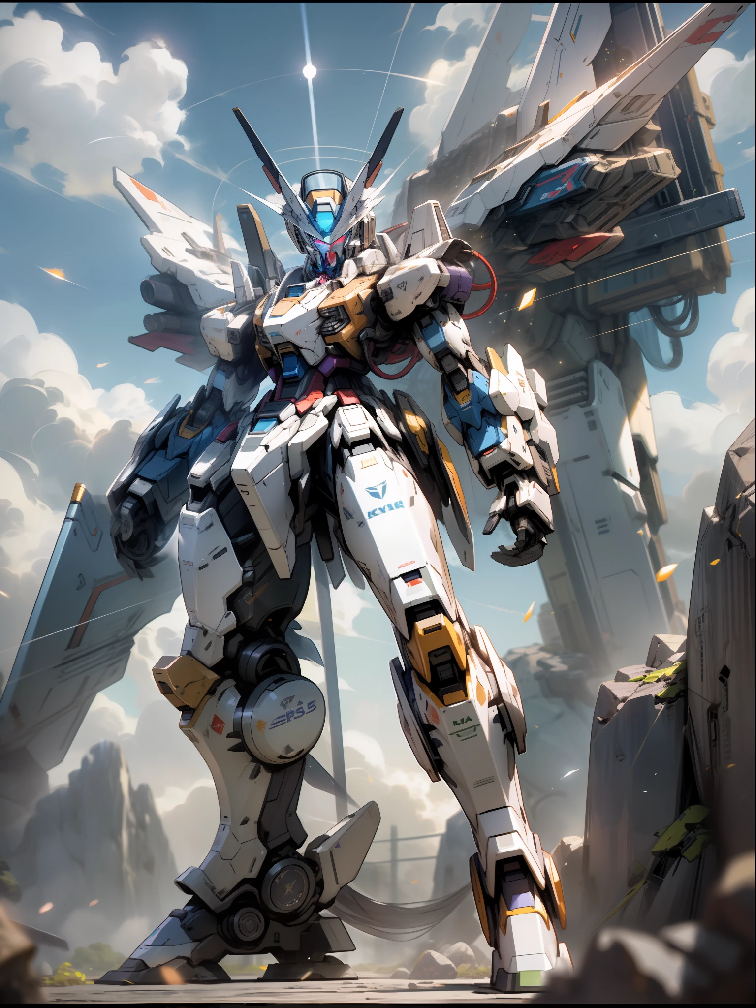 ((Best Quality)), ((Masterpiece)), (Very detailed: 1.3), 8K, cool painting, full of sci-fi, blue-purple giant Gundam MK2 with large mechanical wings, streamlined blue-purple armor with complex weapons and equipment behind it, Gundam humanoid mech, anime mech aesthetics, perfect body proportions, looking up, standing posture, military giant mech, missiles, rocks, futuristic technology, realism, white clouds in the sky, blue-blue war background, ray tracing, light particles, NVIDIA Trtx, Super Resolution, Unreal 5, Anime Quadratic Style, Subsurface Scattering, Specular and Albedo Maps, Rule of Thirds, Large Aperture, Battle Stance, 8K Raw Data, High Efficiency Subpixels, Subpixel Convolution, Light Particles, Light Scattering, Tyndall Effect, Ray Tracing.