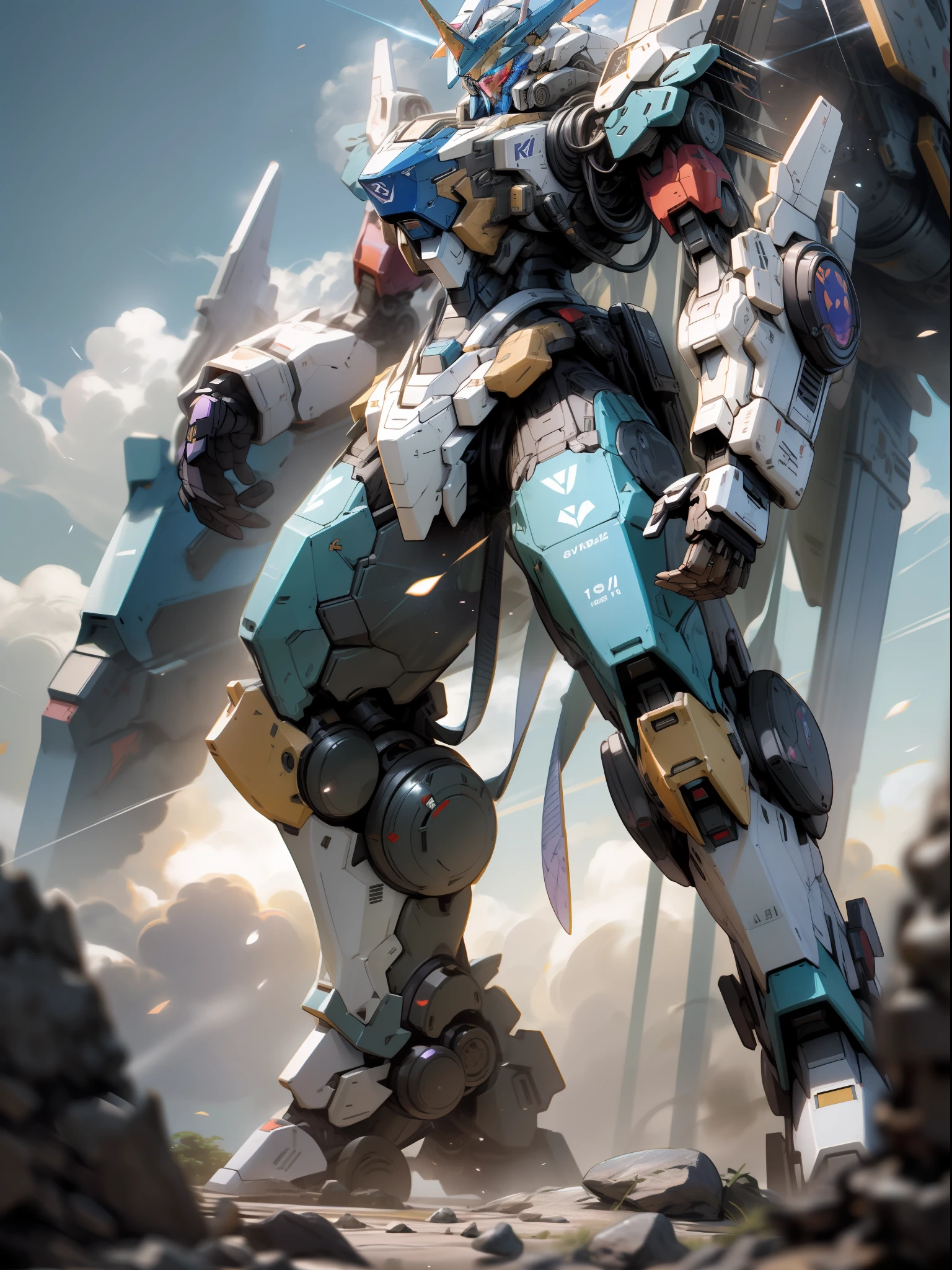 ((Best Quality)), ((Masterpiece)), (Very detailed: 1.3), 8K, cool painting, full of sci-fi, blue-purple giant Gundam MK2 with large mechanical wings, streamlined blue-purple armor with complex weapons and equipment behind it, Gundam humanoid mech, anime mech aesthetics, perfect body proportions, looking up, standing posture, military giant mech, missiles, rocks, futuristic technology, realism, white clouds in the sky, blue-blue war background, ray tracing, light particles, NVIDIA Trtx, Super Resolution, Unreal 5, Anime Quadratic Style, Subsurface Scattering, Specular and Albedo Maps, Rule of Thirds, Large Aperture, Battle Stance, 8K Raw Data, High Efficiency Subpixels, Subpixel Convolution, Light Particles, Light Scattering, Tyndall Effect, Ray Tracing.