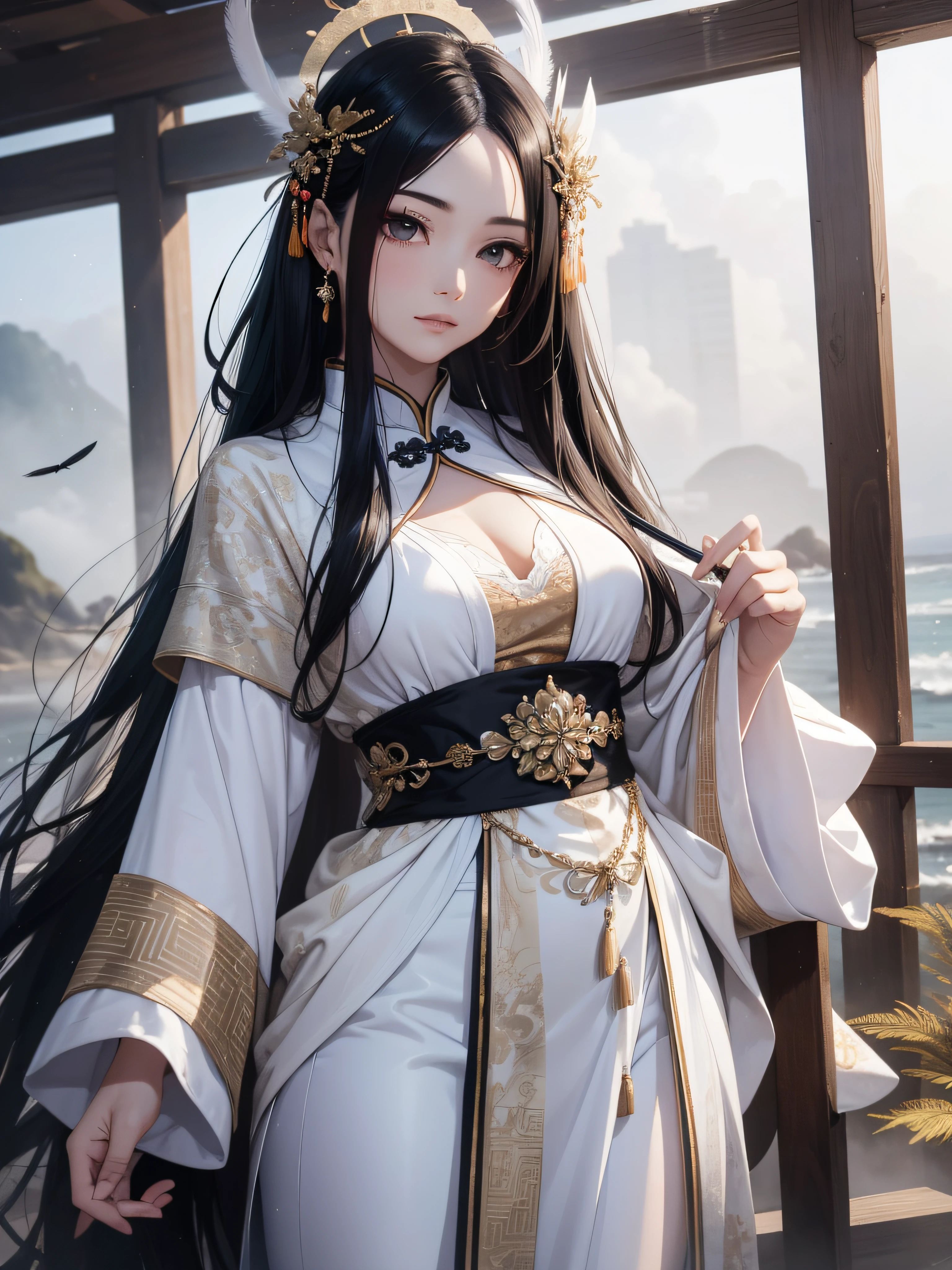 masterpiece, real, beautiful payback maiden with Chinese style black hair ultra long hair wearing a thin beautiful feather robe that descended from heaven on the beach, looking down at the viewer with dim eyes, Chinese style hair ornament, in the fog in the moonlight, divinity in the halo, in the evening mist, 18 years old, depressed eyes, photorealistic, ideal hair luster, whole body, quiet waterside with a waterfall nearby, mole