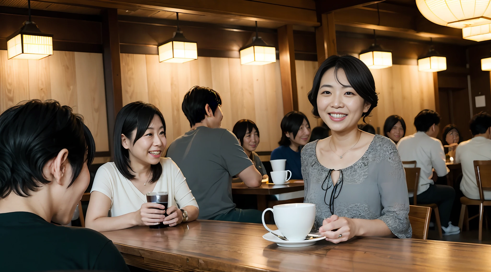 8k uhd, RAW photo, Japan woman having fun in café, smile, multiple people, various men and women, photoreal, RAW photo, portrait photography, japanese, many men, room bright, Japan people, cinematic, daytime, many people are shown,