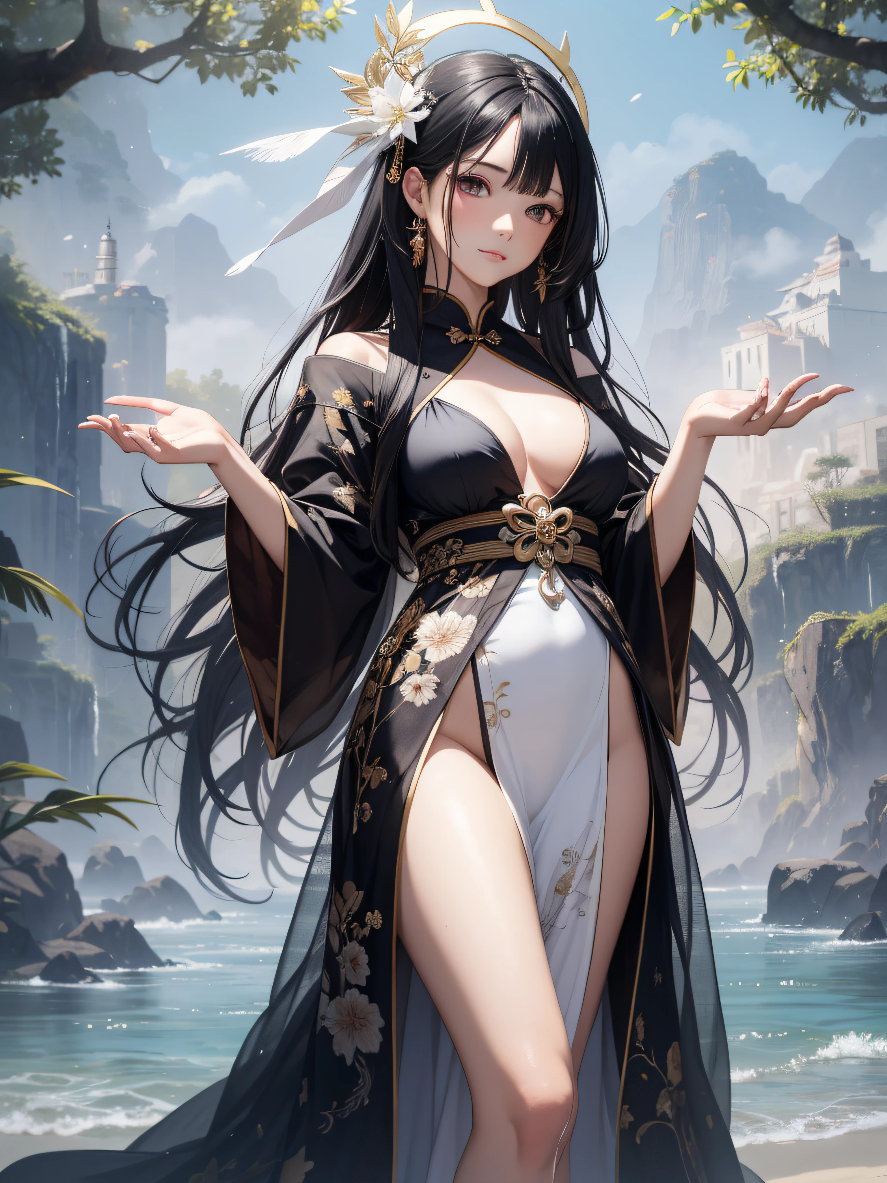 masterpiece, real, beautiful payback maiden with Chinese style black hair ultra long hair wearing a thin beautiful feather robe that descended from heaven on the beach, looking down at the viewer with dim eyes, Chinese style hair ornament, in the fog in the moonlight, divinity in the halo, in the evening mist, 18 years old, depressed eyes, photorealistic, ideal hair luster, whole body, quiet waterside with a waterfall nearby, mole