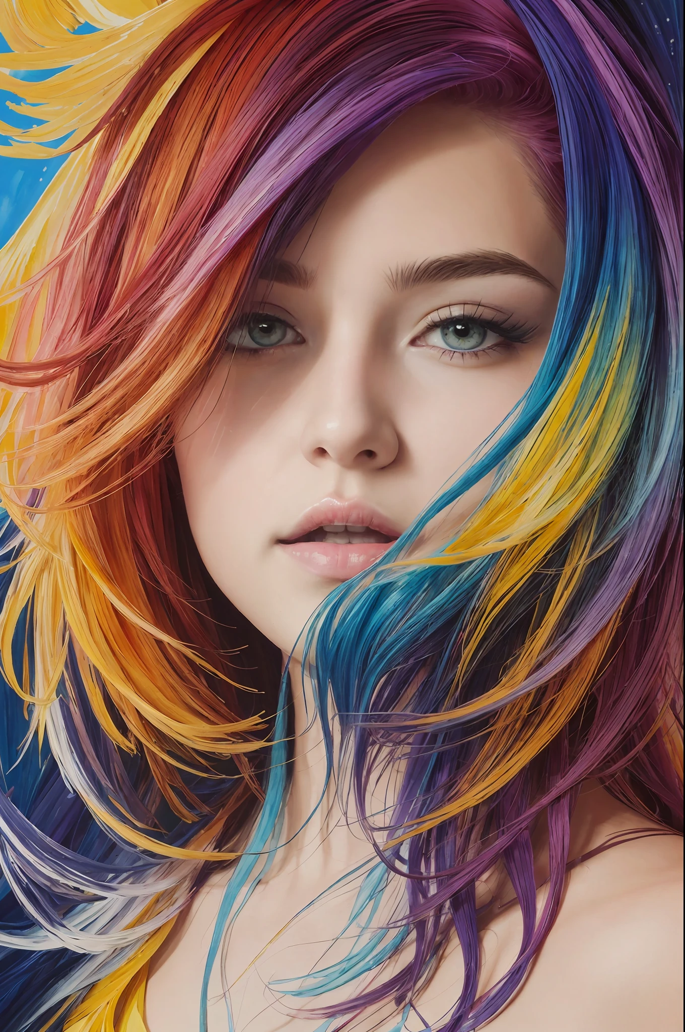 Colorful beautiful girl: 28-years old, messy hair, oil painting, nice perfect face with soft skinice perfect face, blue yellow colors, light purple and violet additions, light red additions, intricate detail, splash screen, 8k resolution, masterpiece, cute face,artstation digital painting smooth veryBlack ink flow: 8k resolution photorealistic masterpiece: intricately detailed fluid gouache painting: by Jean Baptiste Mongue: calligraphy: acrylic: watercolor art, professional photography, natural lighting, volumetric lighting maximalist photoillustration: by marton bobzert:, complex, elegant, expansive, fantastical, wavy hair, vibrant, Best quality details, realistic, High definition, High quality texture, epic lighting, Cinematic film still, 8k, soft lighting, anime style, masterful playing card border, random Colorful art, oil painting, blue yellow colors, light purple and violet additions, light red additions, intricate detail, splash screen, 8k resolution, masterpiece, artstation digital painting smooth veryBlack ink flow: 8k resolution photorealistic masterpiece: intricately detailed fluid gouache painting: by Jean Baptiste Mongue: calligraphy: acrylic: watercolor art, professional photography, natural lighting, volumetric lighting maximalist photoillustration: by marton bobzert:, complex, elegant, expansive, fantastical, vibrant