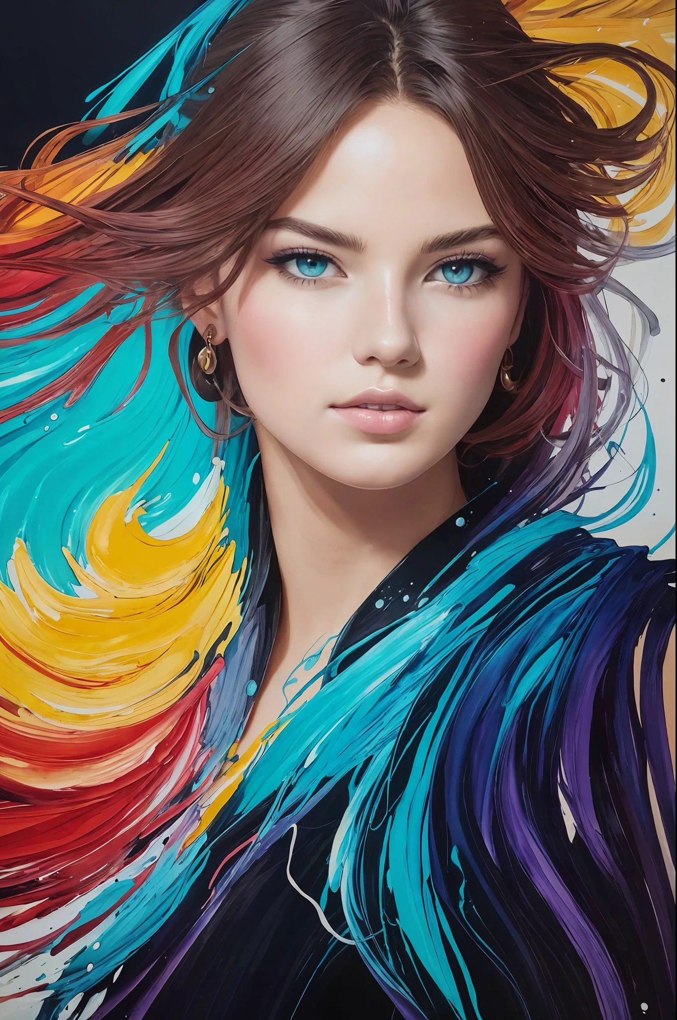 Colorful beautiful girl: 28-years old, messy hair, oil painting, nice perfect face with soft skinice perfect face, blue yellow colors, light purple and violet additions, light red additions, intricate detail, splash screen, 8k resolution, masterpiece, cute face,artstation digital painting smooth veryBlack ink flow: 8k resolution photorealistic masterpiece: intricately detailed fluid gouache painting: by Jean Baptiste Mongue: calligraphy: acrylic: watercolor art, professional photography, natural lighting, volumetric lighting maximalist photoillustration: by marton bobzert:, complex, elegant, expansive, fantastical, wavy hair, vibrant, Best quality details, realistic, High definition, High quality texture, epic lighting, Cinematic film still, 8k, soft lighting, anime style, masterful playing card border, random Colorful art, oil painting, blue yellow colors, light purple and violet additions, light red additions, intricate detail, splash screen, 8k resolution, masterpiece, artstation digital painting smooth veryBlack ink flow: 8k resolution photorealistic masterpiece: intricately detailed fluid gouache painting: by Jean Baptiste Mongue: calligraphy: acrylic: watercolor art, professional photography, natural lighting, volumetric lighting maximalist photoillustration: by marton bobzert:, complex, elegant, expansive, fantastical, vibrant