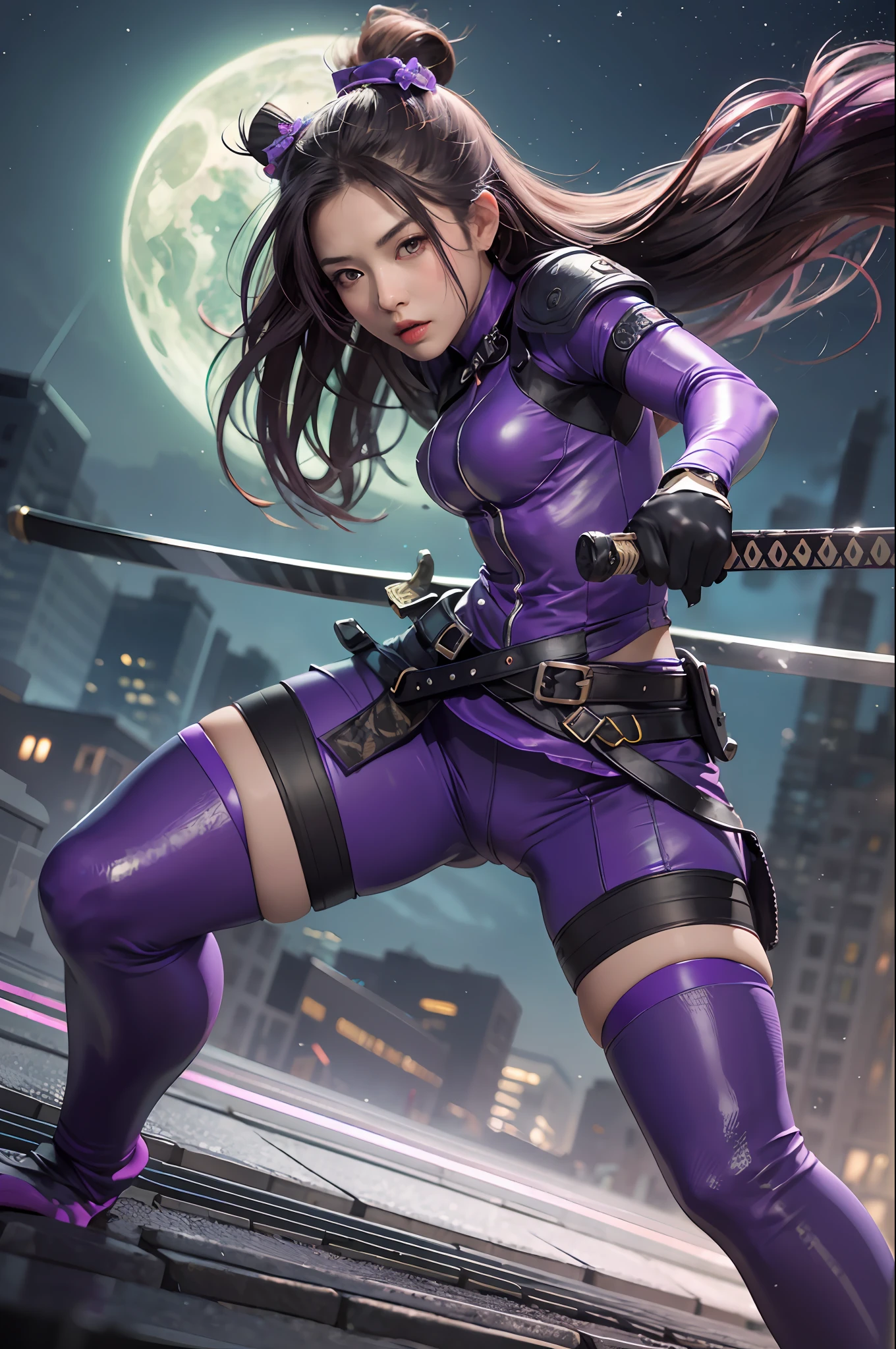 4K, psyloke, sexy woman, muscular body holding samurai katana, long purple hair, blue leather suit, night scene, oriental environment, combat pose.