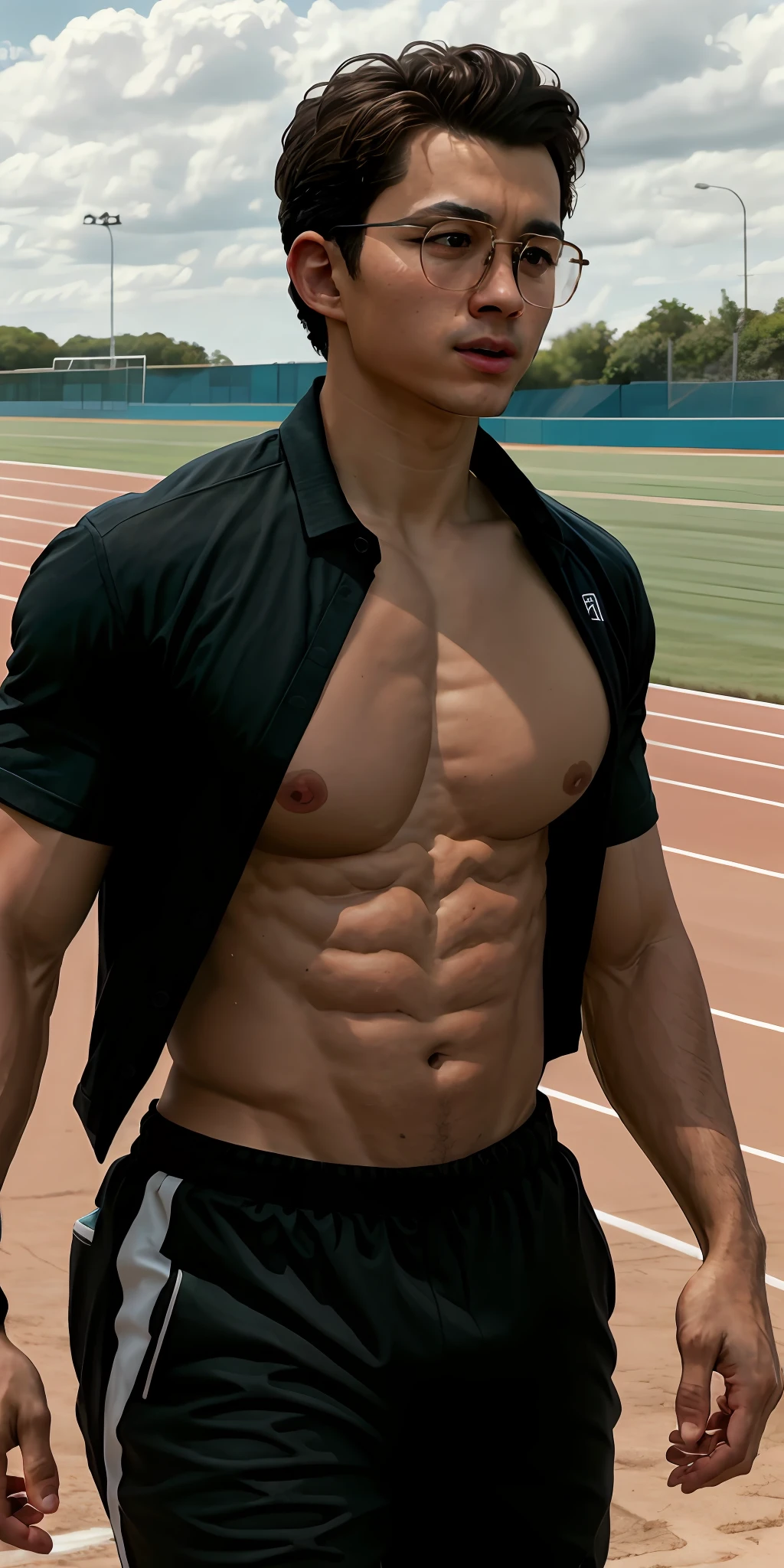 beautiful adult Indonesian college guy, hairy chest, pubic hair, wearing clear glasses, facial hair, military crew cut, in tight outfit, outside on track field, ((slim, muscular)), photorealistic, photo, masterpiece, realistic, realism, photorealism, high contrast, photorealistic digital art trending on Artstation 8k HD high definition detailed realistic, detailed, skin texture, hyper detailed, realistic skin texture, armature, best quality, ultra high res, (photorealistic:1.4),, high resolution, detailed, raw photo, sharp re, by lee jeffries nikon d850 film stock photograph 4 kodak portra 400 camera f1.6 lens rich colors hyper realistic lifelike texture dramatic lighting unrealengine trending on artstation cinestill 800,