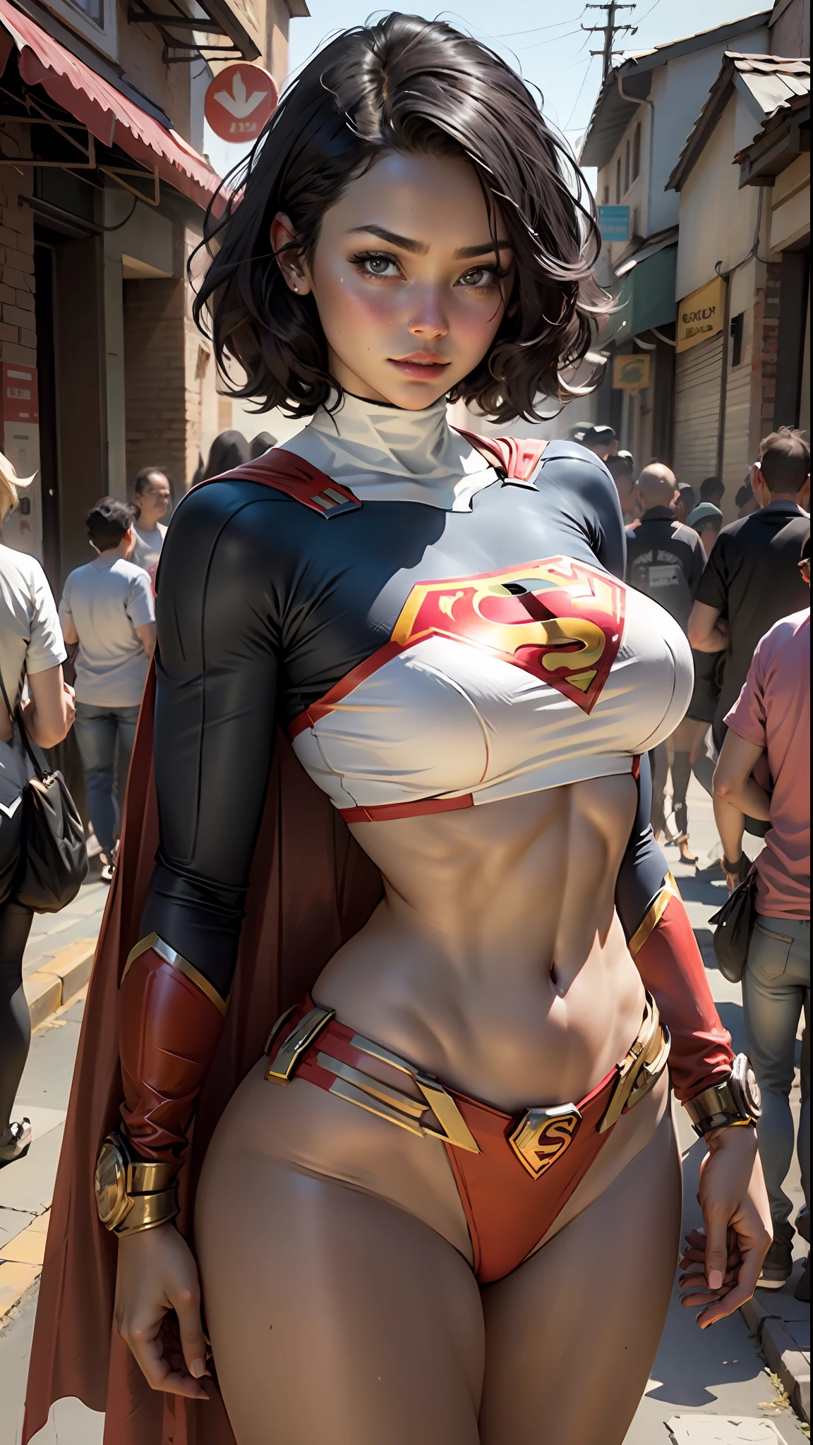 Beautiful woman short black hair defined body big breasts, wearing Supergirl cosplay