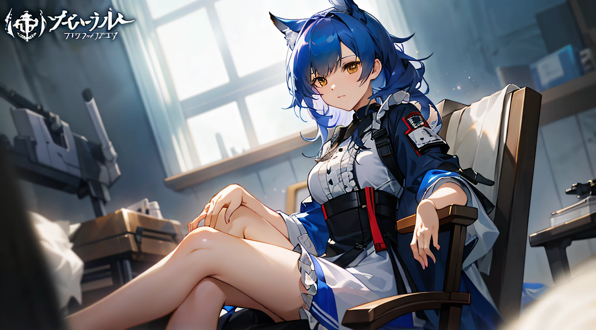 ((masterpiece)), ((best quality)), (ultra-detailed), (illustration), ((disheveled hair)), (frills), (1 girl), (solo), dynamic angle, anime character sitting in chair with a sword in front of the wall, from the Azur Lane video game, from Arknights, Azur Lane style, characters from Azur Lane, from Girls Frontline, Girls Frontline style, 8K character details, Cushart Krenz key art feminine, fine details. Women's front, women's front CG, delicate hands