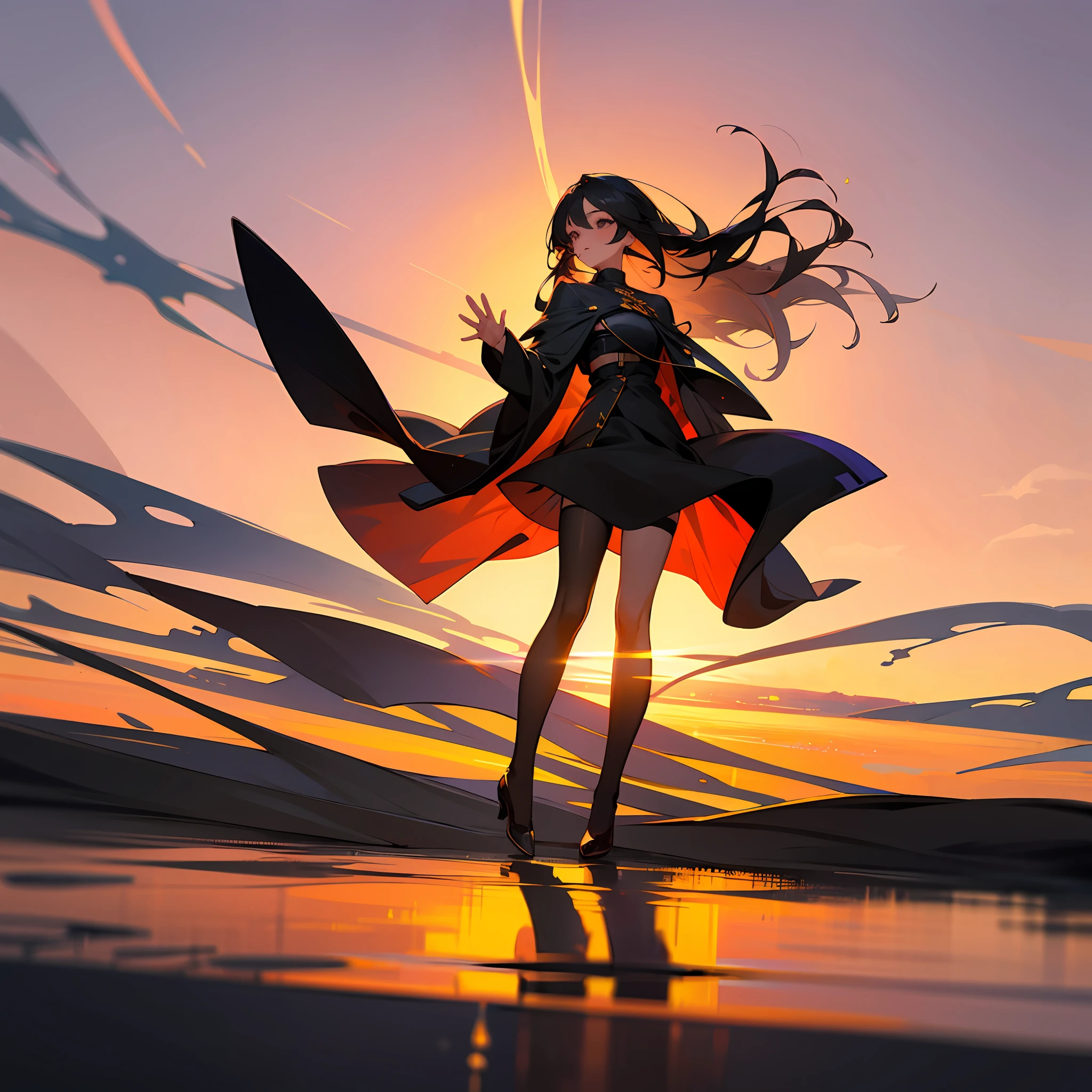 1girl, full body, long legs, black stockings, black long hair, waving hands,dancing hair along with the wind,sunset,high level picture --auto