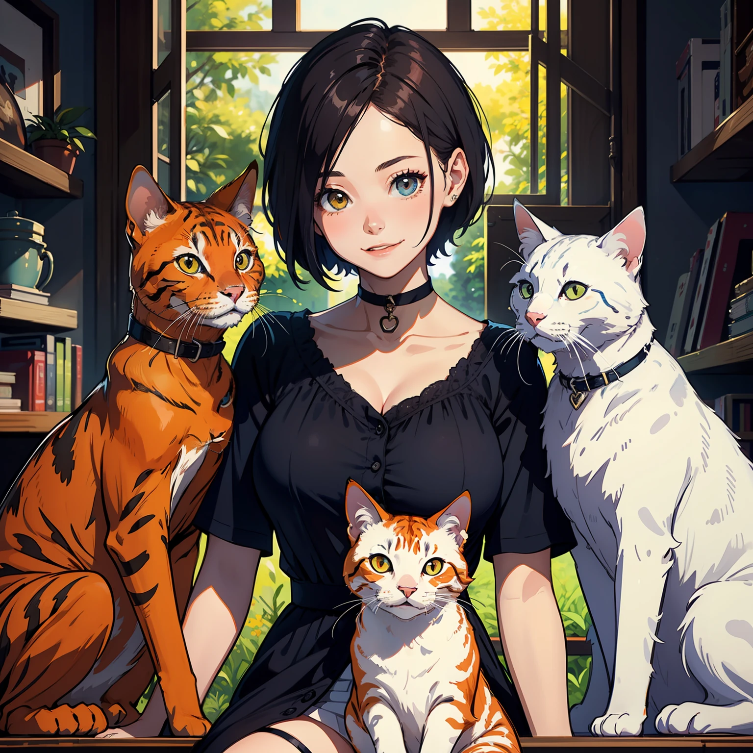 Highest quality, masterpiece, Ultra HD: 1.2, 1 beautiful young woman in dress, short hair, big breasts, happy smile, surrounded by 3 cats, one orange cat, two white cats