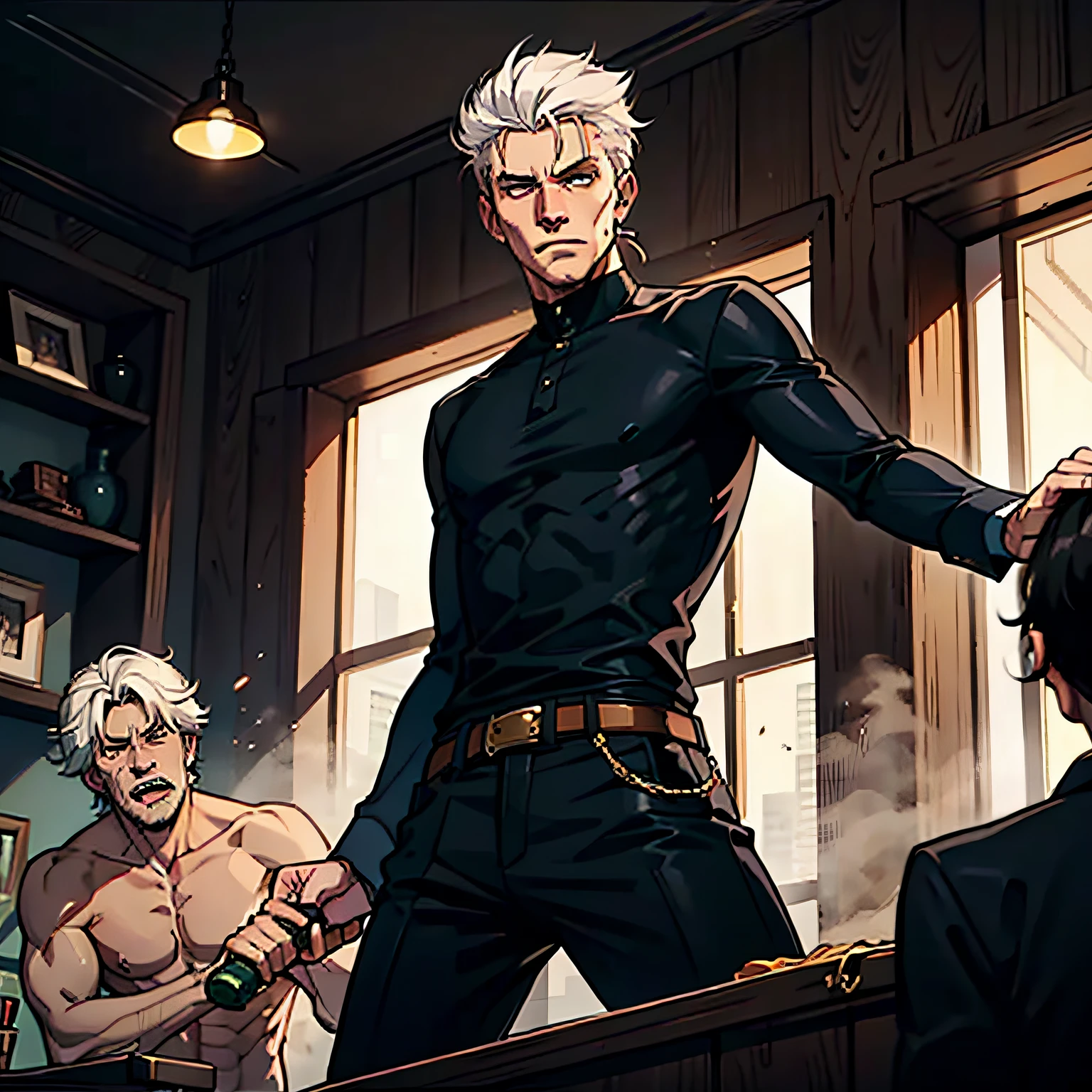 The two, the white-haired man beat the black-haired man wildly