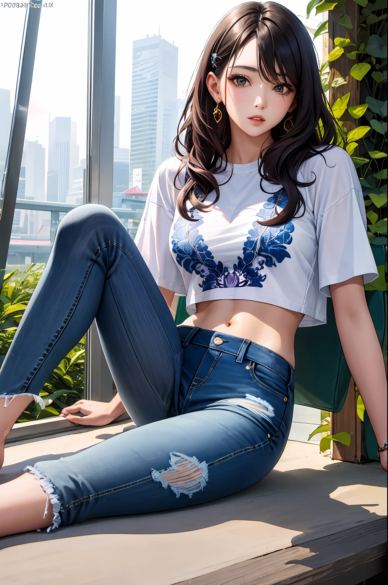 (masterpiece, best quality), beautiful woman, detailed printed cropped top, jeans, wavy hair, beautiful face, perfect face, big gorgeous eyes, parted lips, perfect slim fit body, seoul city garden, bright colors