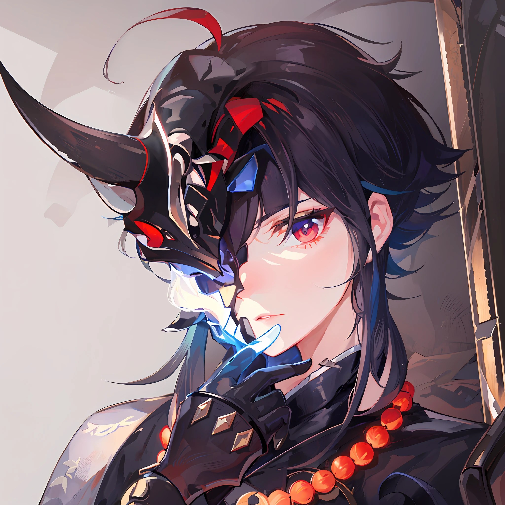 A closeup of a person with a sword and a demon head,Genshin Impact character, cute guy in Demon Slayer art,detailed key anime art, portrait, Genshin, cute Japanese Demon Boy, Demon Slayer Rui fanart,anime key art