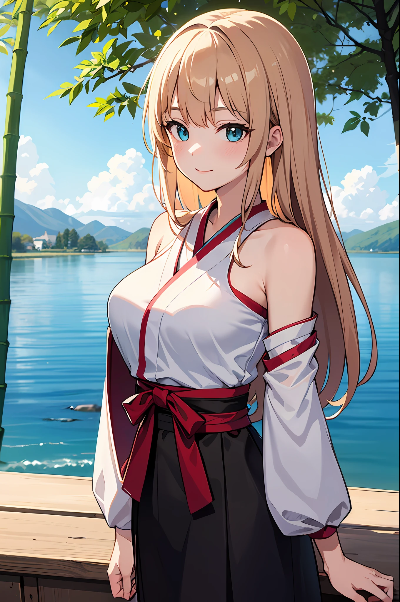 rcnz_niji style, masterpiece, best quality, official art, 8k wallpaper, highly detailed, illustration, 1 girl, Azure hair, long hair, detailed eyes, forrest, bare shoulders, hanfu,lakes, pure, soft smile,bamboo,Tea