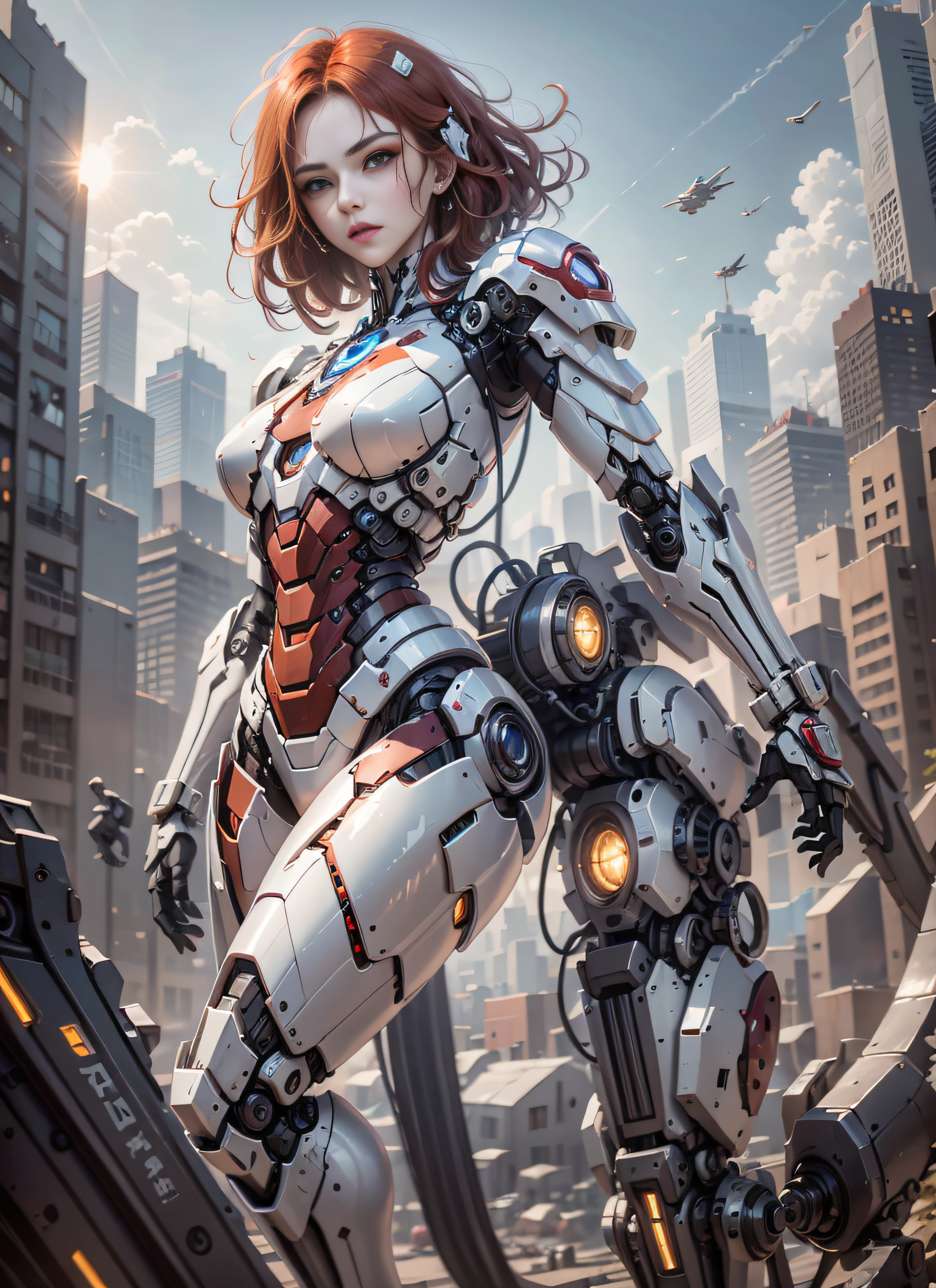 RAW, masterpiece, ultra thin photo, best quality, ultra high resolution, photorealistic, sunlight, full body portrait, incredibly beautiful, dynamic poses, sexy, delicate face, vibrant eyes, (red hair), she is using a futuristic Iron Man engine, red and gold color scheme, highly detailed robot factory background, detailed face, detailed and complex busy background, messy, gorgeous, milky white, highly detailed skin, realistic skin details, visible pores, sharp focus, volumetric mist, 8k uhd, dslr camera, high quality, film grain, fair skin, photorealism, lomography, expanding metropolis in futuristic dystopia, view from below, translucent, cables connected to robots,