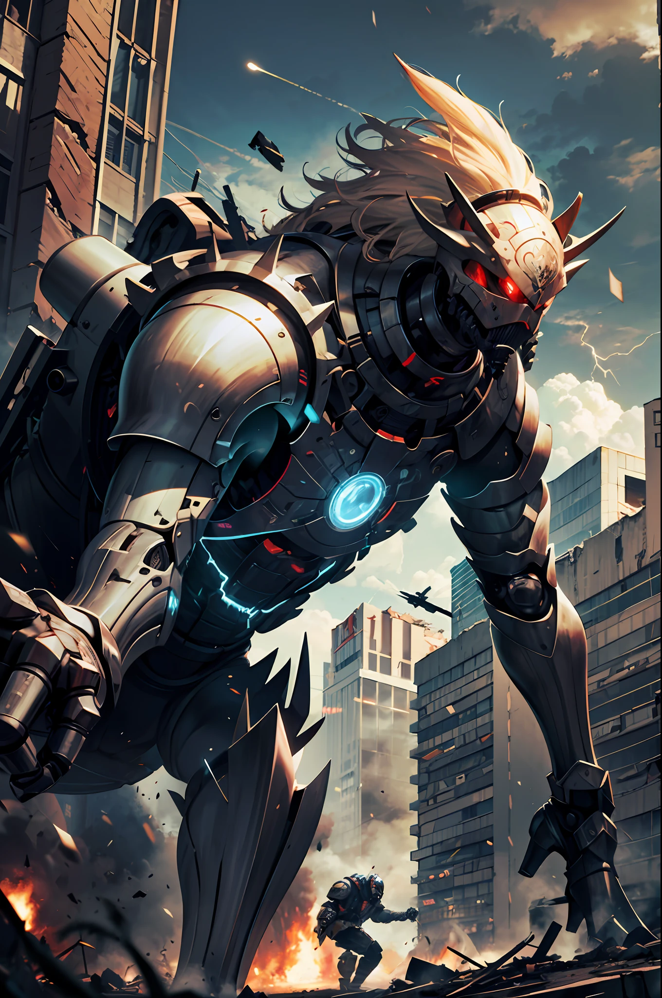 a futuristic hardcore mechanical warrior, battle scene, huge city ruins, smoke, dust, wreckage, skyscraper collapse, black clouds, lightning, solid armor, metal plates, mechanical parts, cold light, red eyes, superhuman strength, speed, giant weapon, explosion, destruction, agility, precision pace, hand-to-hand combat, metal collision sound, smooth action, gorgeous, clash, tension, sense of power, sense of speed, destructive power, aesthetics,, best quality, masterpiece, super high resolution, intricate details, 8K resolution, Photorealistic, Realistic 1.4, HDR, (High Light Glow: 1.2)