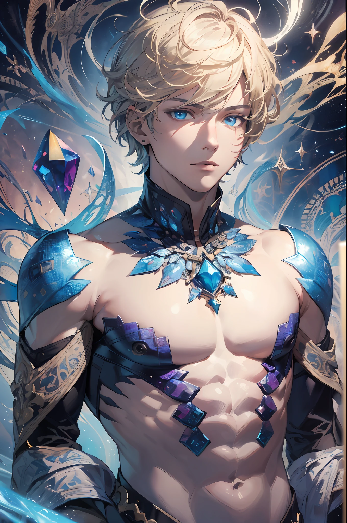Realistic, (Masterpiece, Top Quality, Best Quality, Official Art, Beauty and Aesthetics: 1.2), Very Detailed, Fractal Art, Colorful, Most Detailed, Zentangle, (Abstract Background: 1.5) (1boy: 1.3), God, Blonde Hair, Short Hair, (Glowing Blue Eyes), Pectals, Abs, Mysterious, (Magic), Crystal, Handsome Man