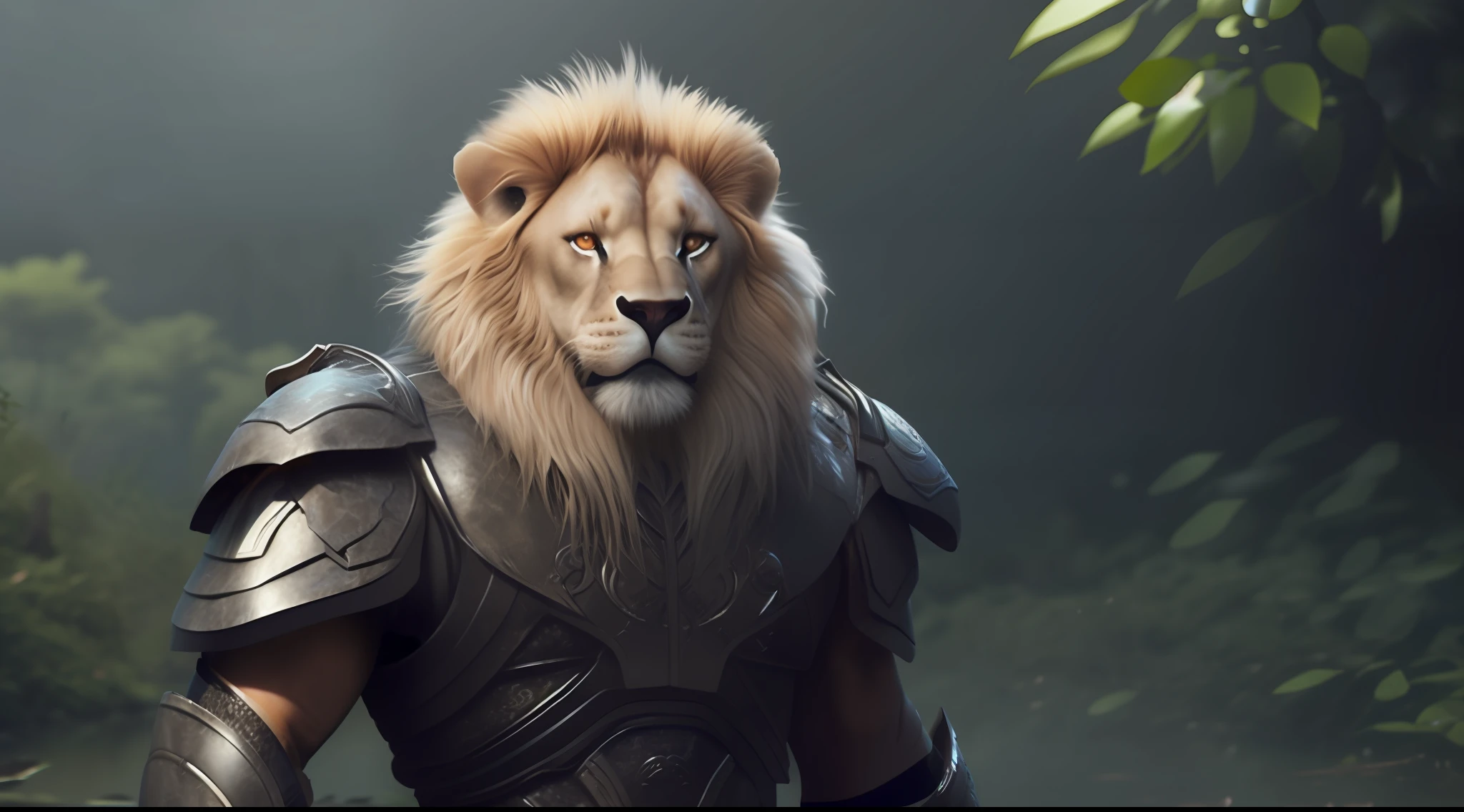 fking_scifi, award-winning photo portrait of a werecreature werelion lion, wearing a black and silver armor, forest swamp mangrove trees background, large head, intricate details