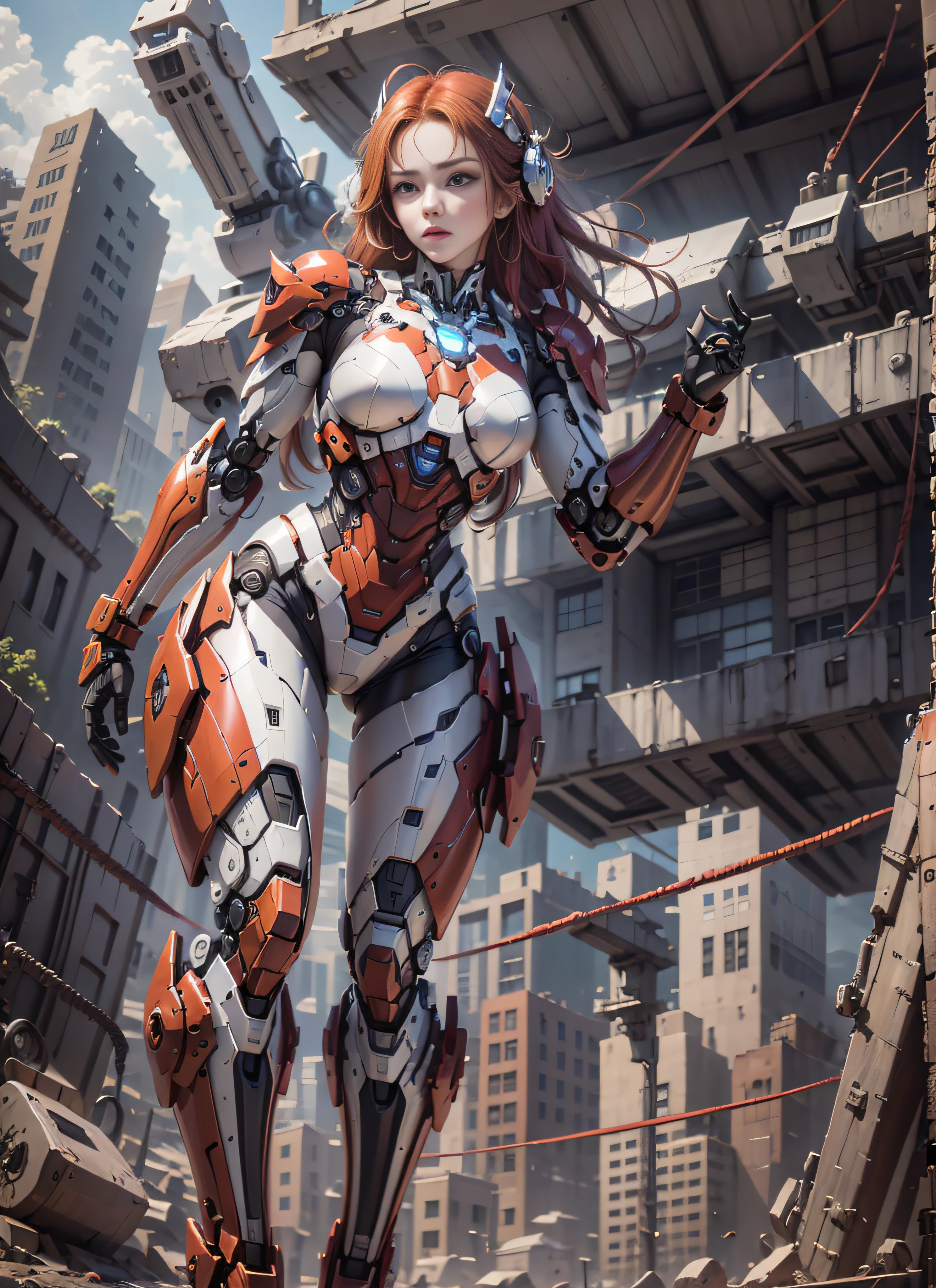 RAW, masterpiece, ultra thin photo, best quality, ultra high resolution, photorealistic, sunlight, full body portrait, incredibly beautiful, dynamic poses, sexy, delicate face, vibrant eyes, (red hair), she is using a futuristic Iron Man engine, red and gold color scheme, highly detailed robot factory background, detailed face, detailed and complex busy background,  messy, gorgeous, milky white, highly detailed skin, realistic skin details, visible pores, sharp focus, volumetric mist, 8k uhd, dslr camera, high quality, film grain, fair skin, photorealism, lomography, expanding metropolis in futuristic dystopia, view from below, translucent, cables connected to robots,