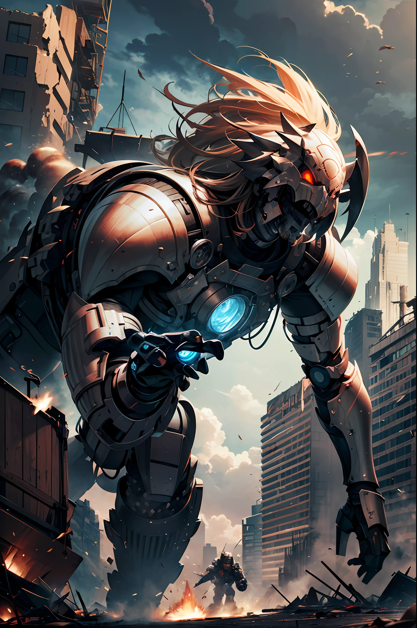 a futuristic hardcore mechanical warrior, battle scene, huge city ruins, smoke, dust, wreckage, skyscraper collapse, black clouds, lightning, solid armor, metal plates, mechanical parts, cold light, red eyes, superhuman strength, speed, giant weapon, explosion, destruction, agility, precision pace, hand-to-hand combat, metal collision sound, smooth action, gorgeous, clash, tension, sense of power, sense of speed, destructive power, aesthetics,, best quality, masterpiece, super high resolution, intricate details, 8K resolution, Photorealistic, Realistic 1.4, HDR, (High Light Glow: 1.2)
