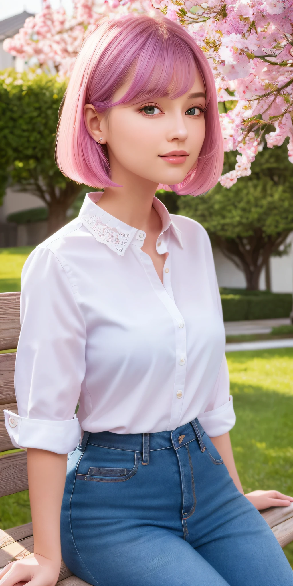 (64K, UHD, top quality, masterpiece: 1.2), (realistic, photorealistic: 1.37), super detailed, girl 1 person, cute, beautiful detailed sky, detailed park bench, night, face close, (nose blush), (smile: 1.15), (kissing mouth), big, tiger-like face, beautiful fine eyes, (shirt with collar: 1.1), night, office clothes, white lace, (short hair: 1.2), ( Pink hair, purple eyes), floating hair NovaFrogStyle,