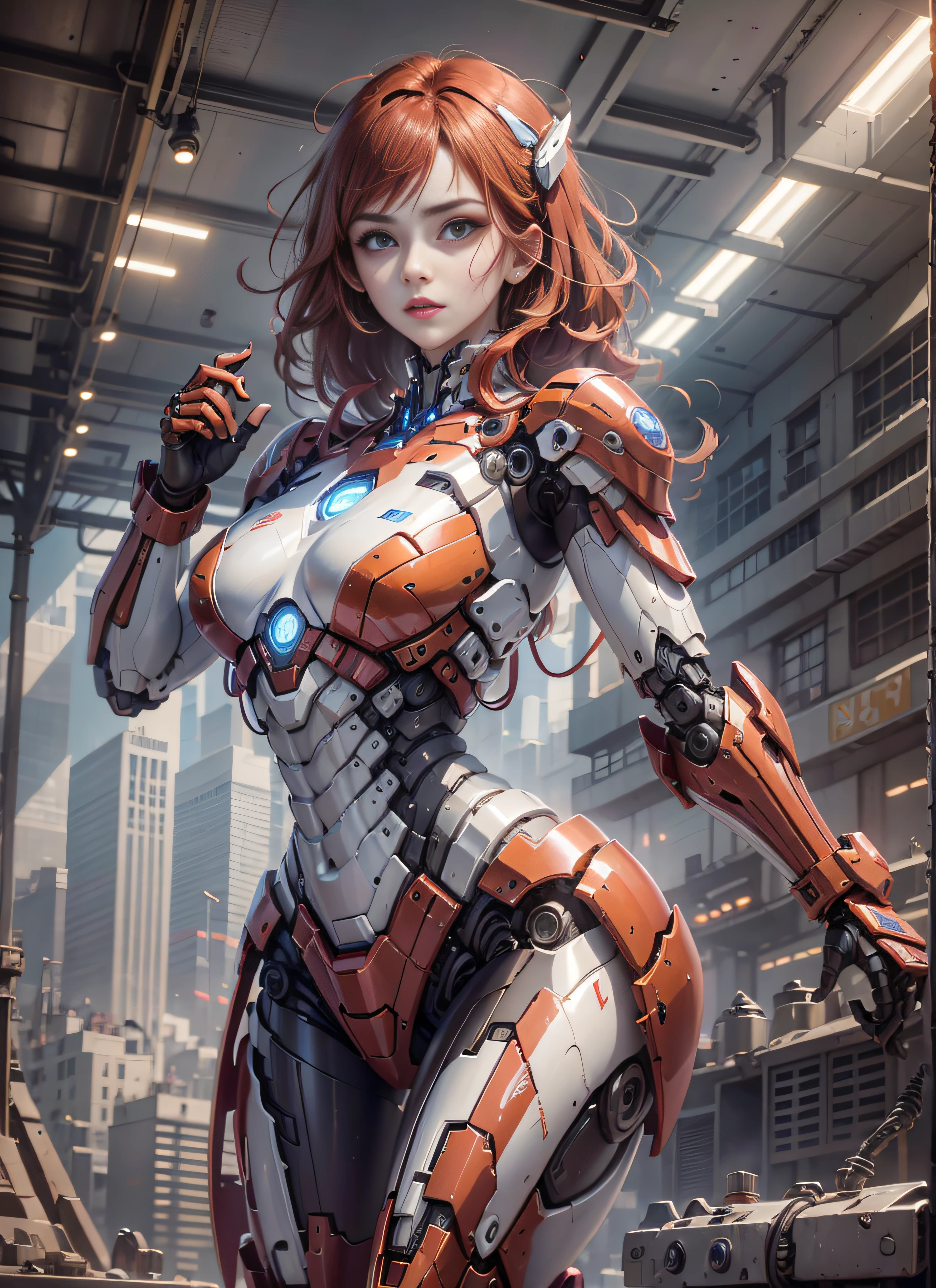 RAW, masterpiece, ultra thin photo, best quality, ultra high resolution, photorealistic, sunlight, full body portrait, incredibly beautiful, dynamic poses, sexy, delicate face, vibrant eyes, (red hair), she is using a futuristic Iron Man engine, red and gold color scheme, highly detailed robot factory background, detailed face, detailed and complex busy background,  messy, gorgeous, milky white, highly detailed skin, realistic skin details, visible pores, sharp focus, volumetric mist, 8k uhd, dslr camera, high quality, film grain, fair skin, photorealism, lomography, expanding metropolis in futuristic dystopia, view from below, translucent, cables connected to robots,