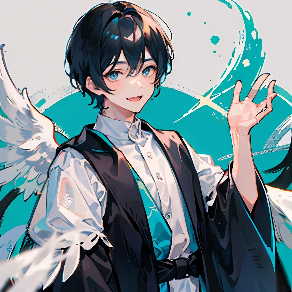 Short black hair, cyan eyes, (boy with white wings), wearing a black robe, smiling, attention to detail, of the highest quality.
