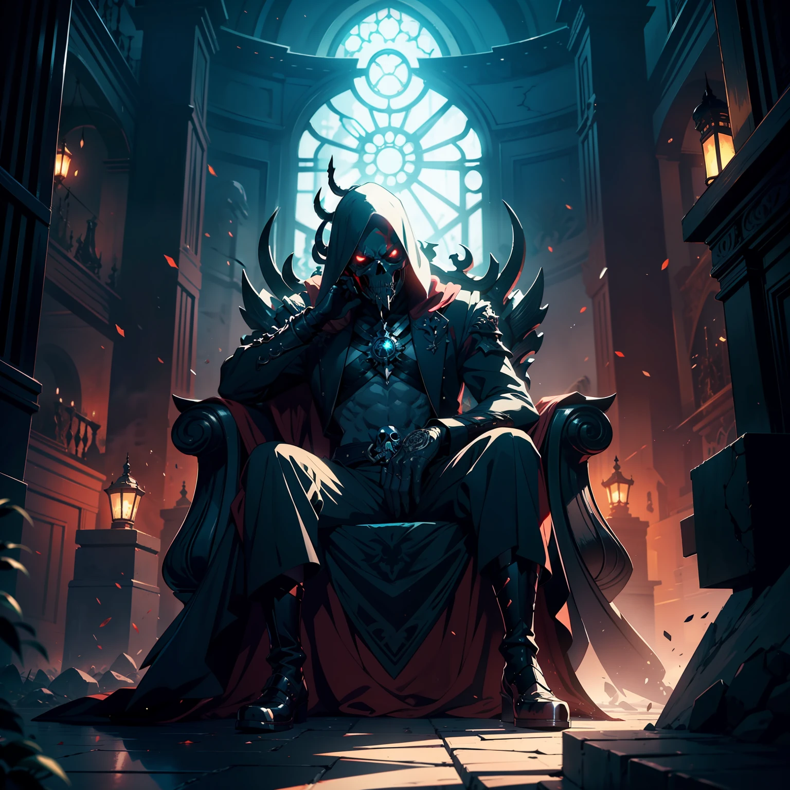 Create an epic and visually detailed illustration of an anime villain with a skull head sitting on a majestic throne. The villain should be depicted with intricate and captivating details, showcasing their menacing presence and aura of power. Pay attention to the skull head, ensuring it is highly detailed and visually striking, with elements that highlight its mystical and otherworldly nature. The throne should be grand and ornate, reflecting the villain's status and authority. Use dynamic lighting and shadows to add depth and drama to the scene, emphasizing the villain's ominous presence. Surround the throne with additional elements that enhance the epic atmosphere, such as swirling dark energy or symbolic motifs. Overall, create a visually captivating and detailed portrayal of an anime villain with a skull head, exuding power and intimidation.