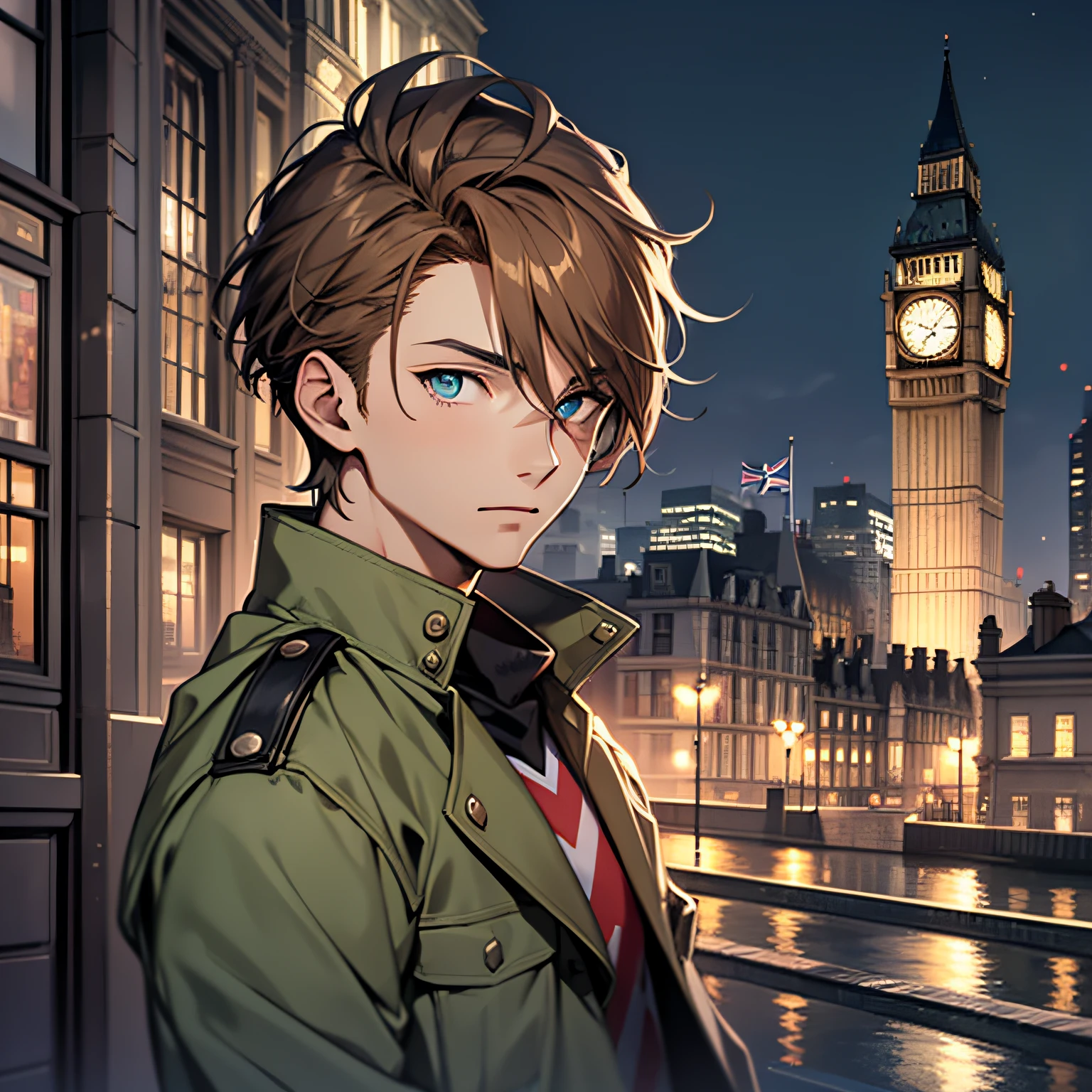 young man, 18 years old, short hair, brown hair, green jacket, british flag on jacket, blue eyes, city of london at night, clock tower, looking at the viewer, 4k, masterpiece, detailed face