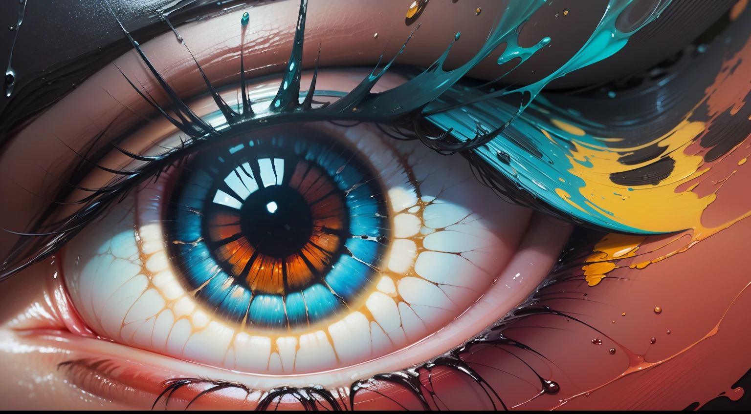 “Fluorite” - oil painting. Conceptual abstract picture of the eye. Oil painting in colorful colors. Conceptual abstract closeup of an oil painting and palette knife on canvas. V