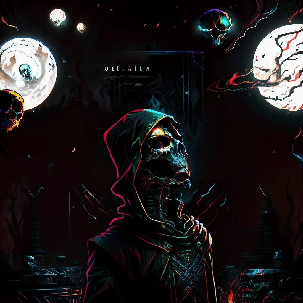 hood, skull, skeleton, solo, 1boy, male focus, fire, robe, hood up, cloak, upper body, copyright name, black background,skull face,skull tattoo on facezdeath,soul,soul reaper , holding a syth,syth welder
