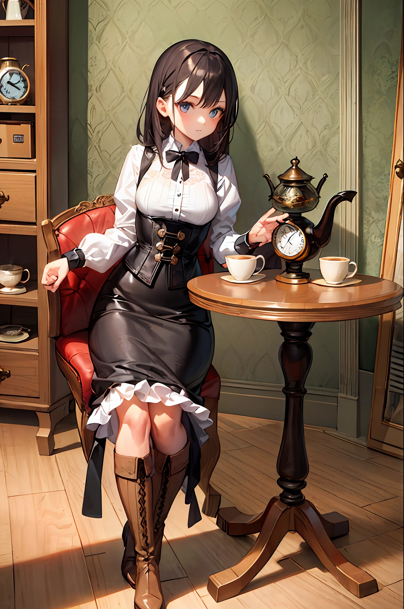 (8k, RAW photo, best quality, ultra detailed CG unity 8k wallpaper,masterpiece:1.2), a girl, 3d, ultra beautiful detailed eyes, Precise iris depiction,ultra-detailed face,Indoors, sitting in a chair and reading, clock, café, brown hair, corset, long skirt, boots, pocket watch, vintage, antique, brass, metal, gear, machine, clockwork, clock tower, glamorous, elegant, classic, sophisticated, calm, meditative, thoughtful, curious, mysterious, enigmatic, cautious, intellectual, book-loving, coffee, cake, pastry, teapot, cup, saucer, table, chair, wallpaper, chandelier, window, sunlight, shadow, contrast, perspective, depth, texture, detail, surrealism, innovative, experimental, atmosphere, atmosphere, mood, nostalgia, historical, cultural, technical, industrial, fantasy, imagination, creativity, artistry, craftsmanship, expression, ultra-detailed beautiful background drawn by professional illustrator,background with a sense of perspective。