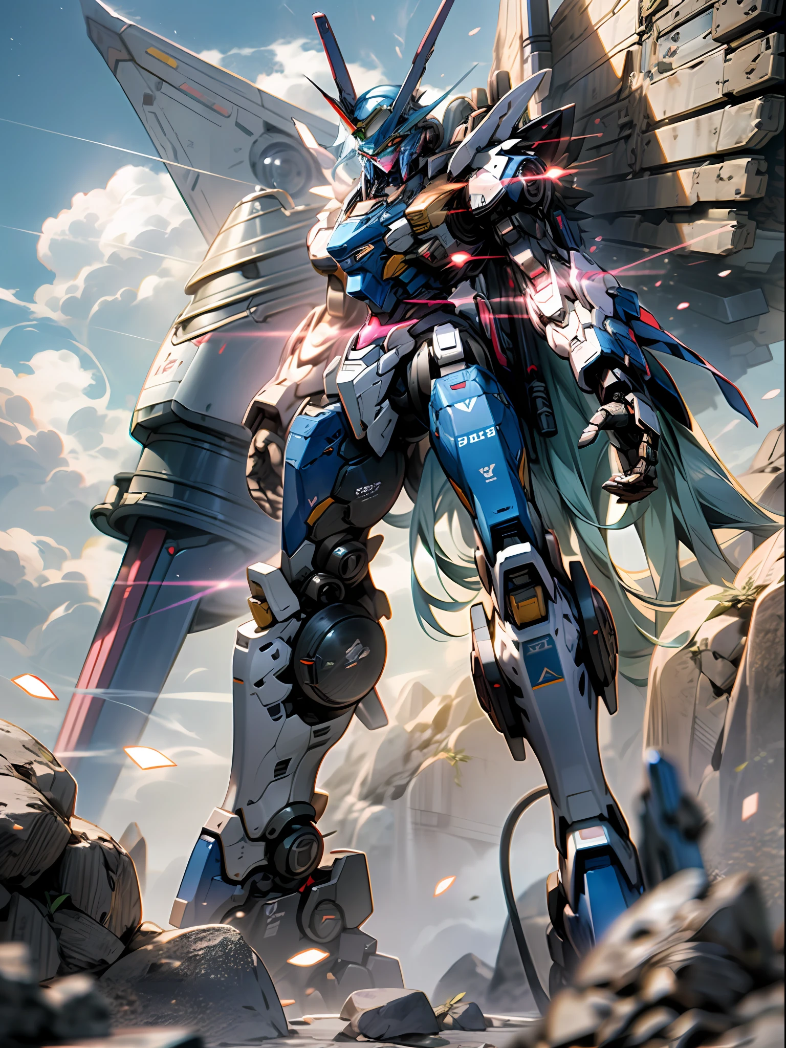 ((Best Quality)), ((Masterpiece)), (Very detailed: 1.3), 8K, cool painting, full of sci-fi, blue-purple giant Gundam MK2 with large mechanical wings, streamlined blue-purple armor with complex weapons and equipment behind it, Gundam humanoid mech, anime mech aesthetics, perfect body proportions, looking up, standing posture, military giant mech, missiles, rocks, futuristic technology, realism, white clouds in the sky, blue-blue war background, ray tracing, light particles, NVIDIA Trtx, Super Resolution, Unreal 5, Anime Quadratic Style, Subsurface Scattering, Specular and Albedo Maps, Rule of Thirds, Large Aperture, Battle Stance, 8K Raw Data, High Efficiency Subpixels, Subpixel Convolution, Light Particles, Light Scattering, Tyndall Effect, Ray Tracing.