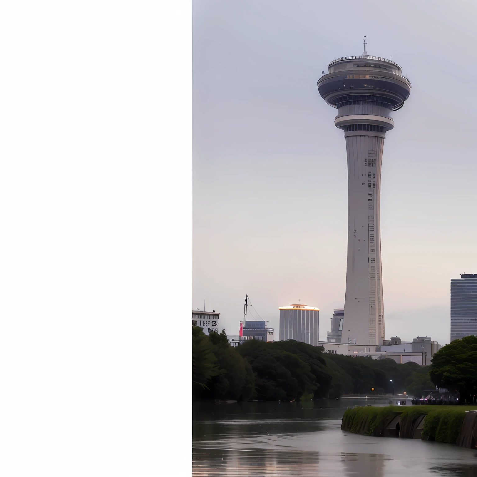 arafed view of a tall tower with a river in front of it, towering over a city, taller than a skyscraper, single flooded tower, stacked image, tower, 1km tall, 2045, tall bridge with city on top, taken with sony a7r camera, towering over your view, taken with sony alpha 9