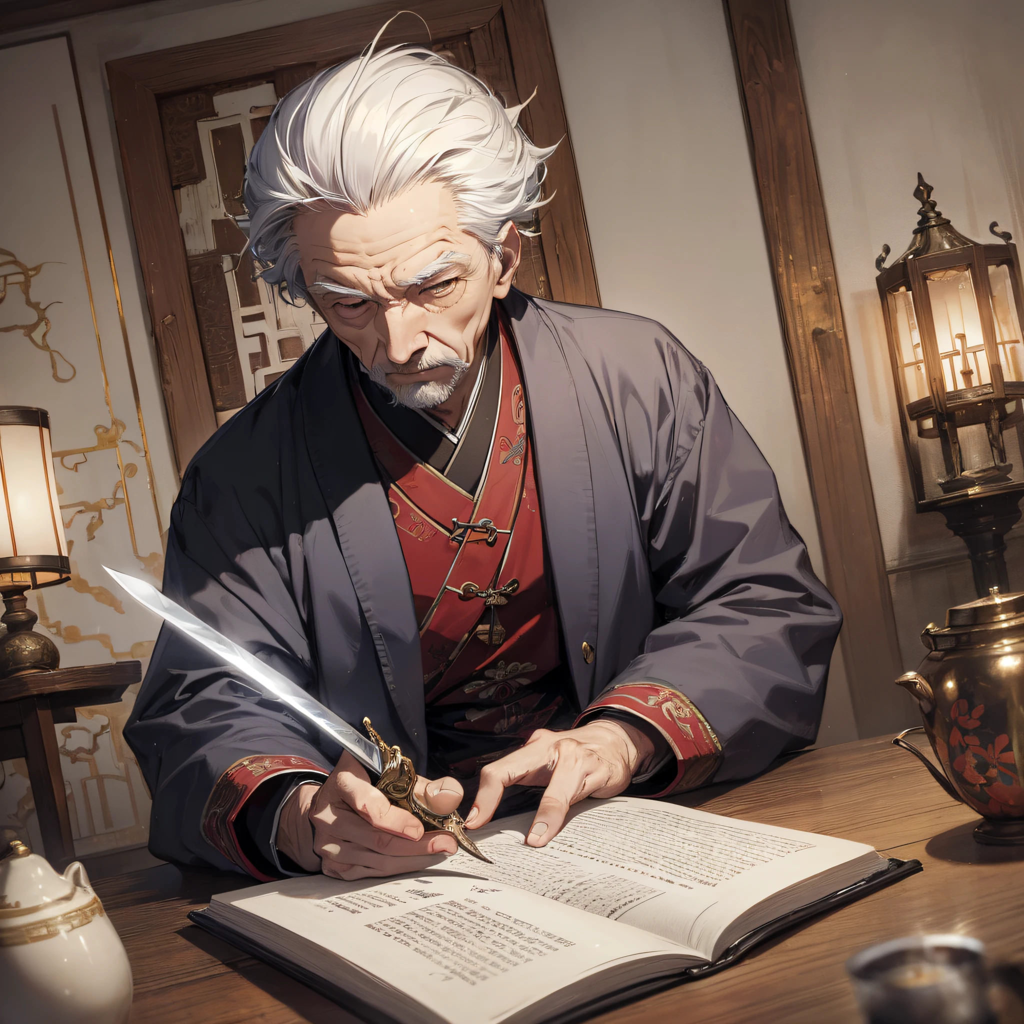Absurd resolution, high resolution, (masterpiece: 1.4), hyperdetail, ancient china, night, room, white hair elderly man (1.3), xin abandoning disease, sword, writing