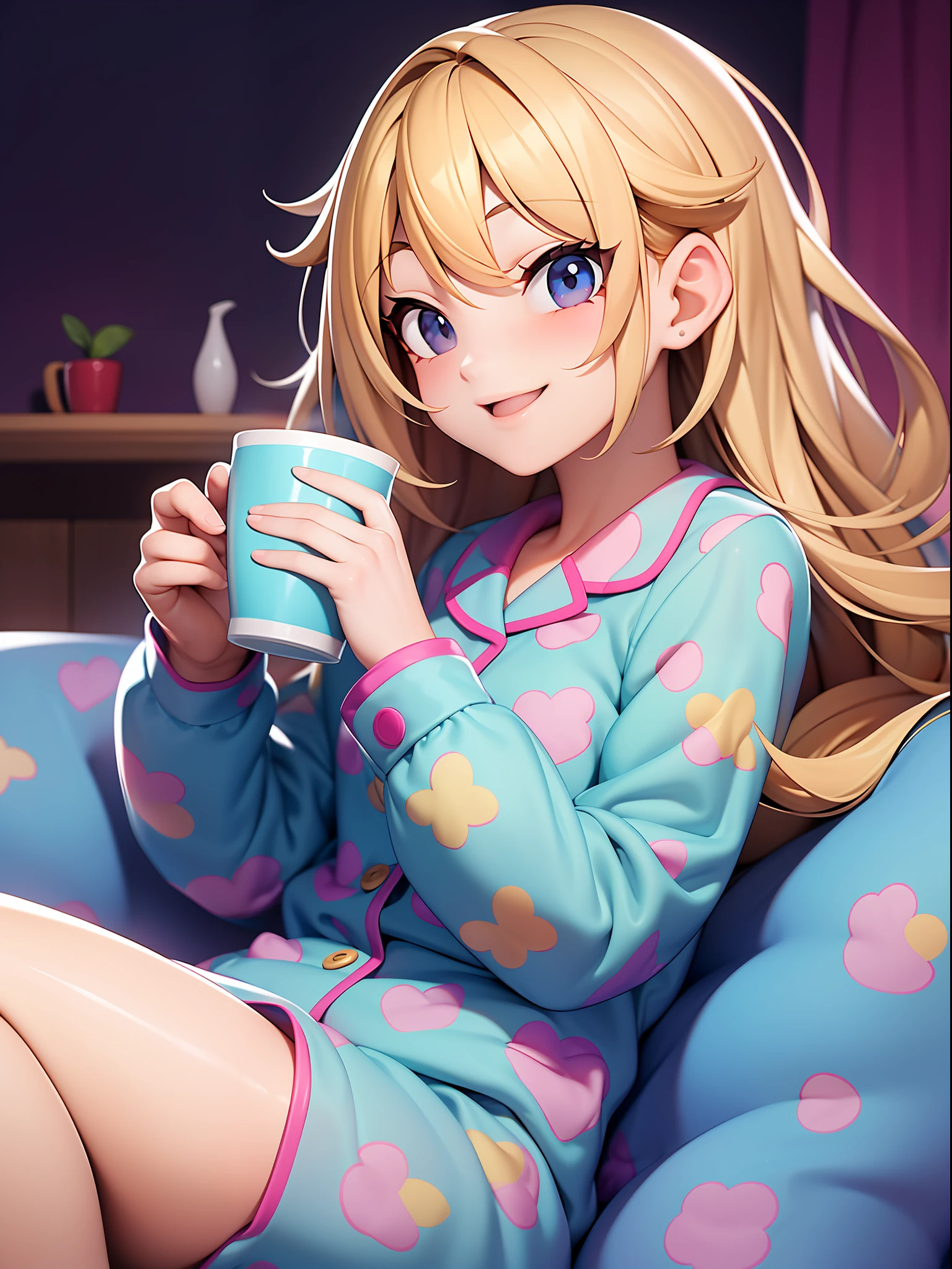 An adorable girl is wearing a cute pajamas, which combines comfort and cuteness. Her pajamas are made of a soft, colorful fabric, with cheerful prints, such as drawings of unicorns, clouds, or cute characters. She's wrapped in a cozy blanket, patterned with her pajamas. Her hair is messy in a charming way, and she holds a cup of hot chocolate, emanating a delicious aroma. A sweet smile graces the girl's face as she enjoys her moment of relaxation. She can be sitting in a comfortable armchair or lying on your bed, creating a pleasant and welcoming atmosphere.