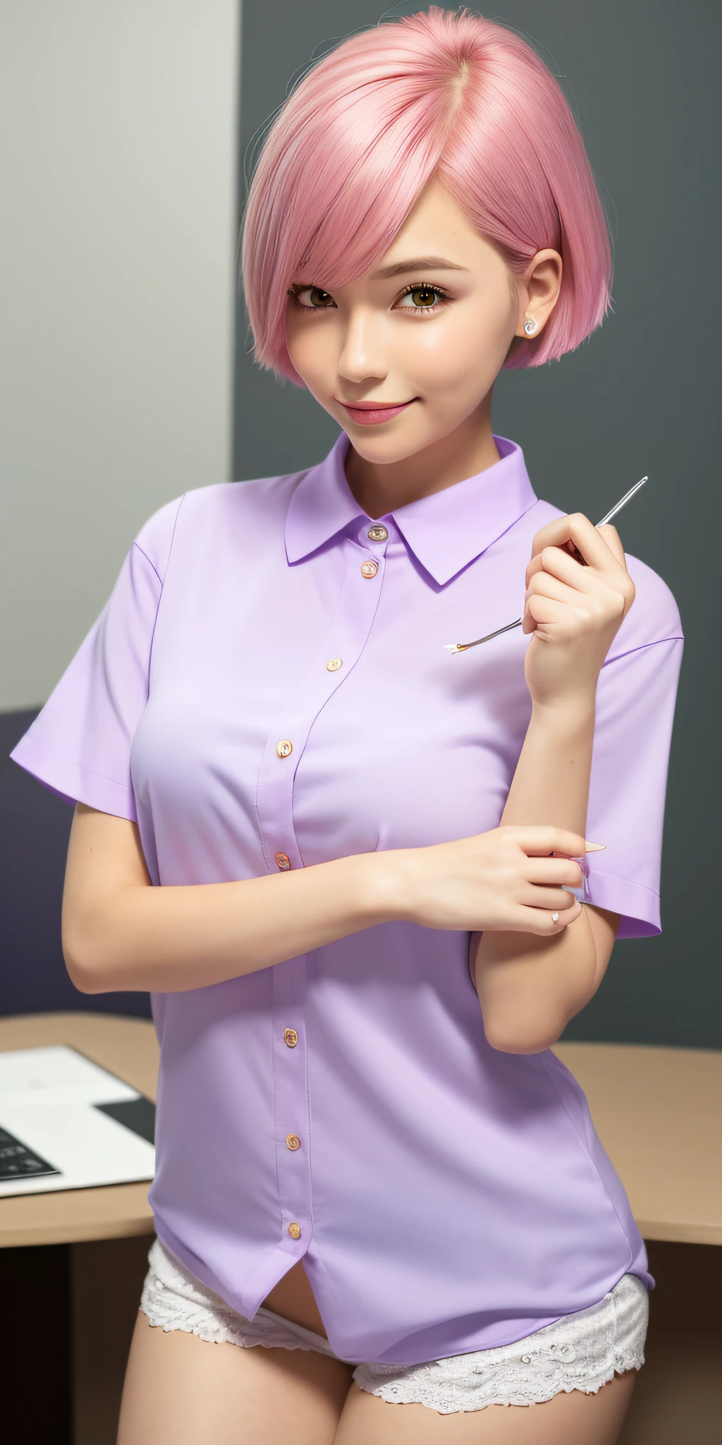 (64K, UHD, top quality, masterpiece: 1.2), (realistic, photorealistic: 1.37), super detailed, one girl, cute, beautiful detailed copying documents in the office, face close, (blush), (smile: 1.15), (kissing mouth), big, tiger-like face, beautiful fine eyes, (shirt with collar: 1.1), night, office clothes, white lace, (short hair: 1.2), (pink hair, purple eyes), floating hair NovaFrogStyle,
