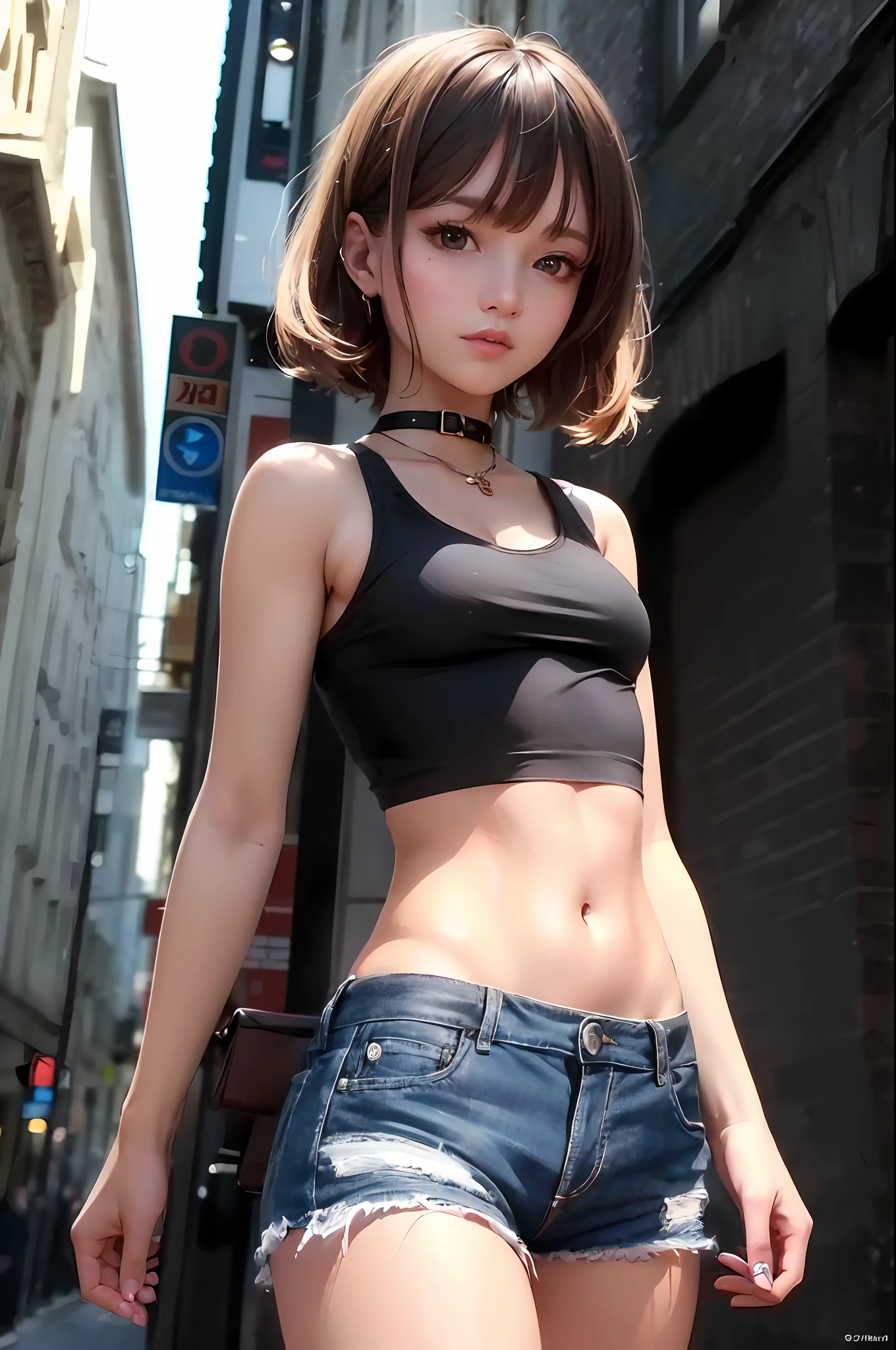 ((Best quality, 8k, Masterpiece: 1.3)), Sharp focus: 1.2, A beautiful woman with perfect body: 1.4, Slim abdomen: 1.2, ((Long blonde hair, Large : 1.2)), (Natural light, City street:1.1), Highly detailed face and skin texture, Detailed eyes, Double eyelid