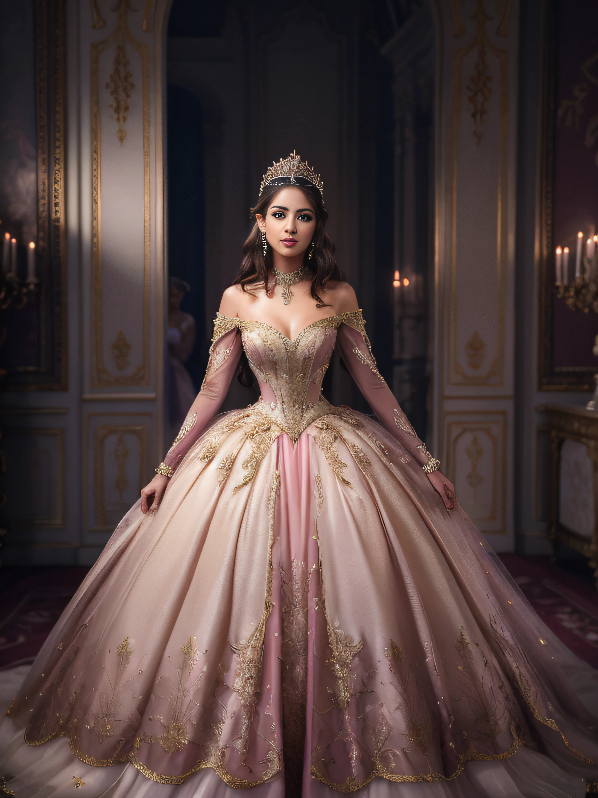 beautiful hispanic woman in a pink and gold dress with no sleeves and tulle skirt with ruffles standing in a room  , rococo queen, ((a beautiful fantasy empress)), beautiful female princess, royal elegant pose, royal dress, ornate royal gown, beautiful princess, beautiful and elegant elf queen, royal gown, princess portrait, lovely languid princess, wearing a pink ballroom gown, fantasy dress