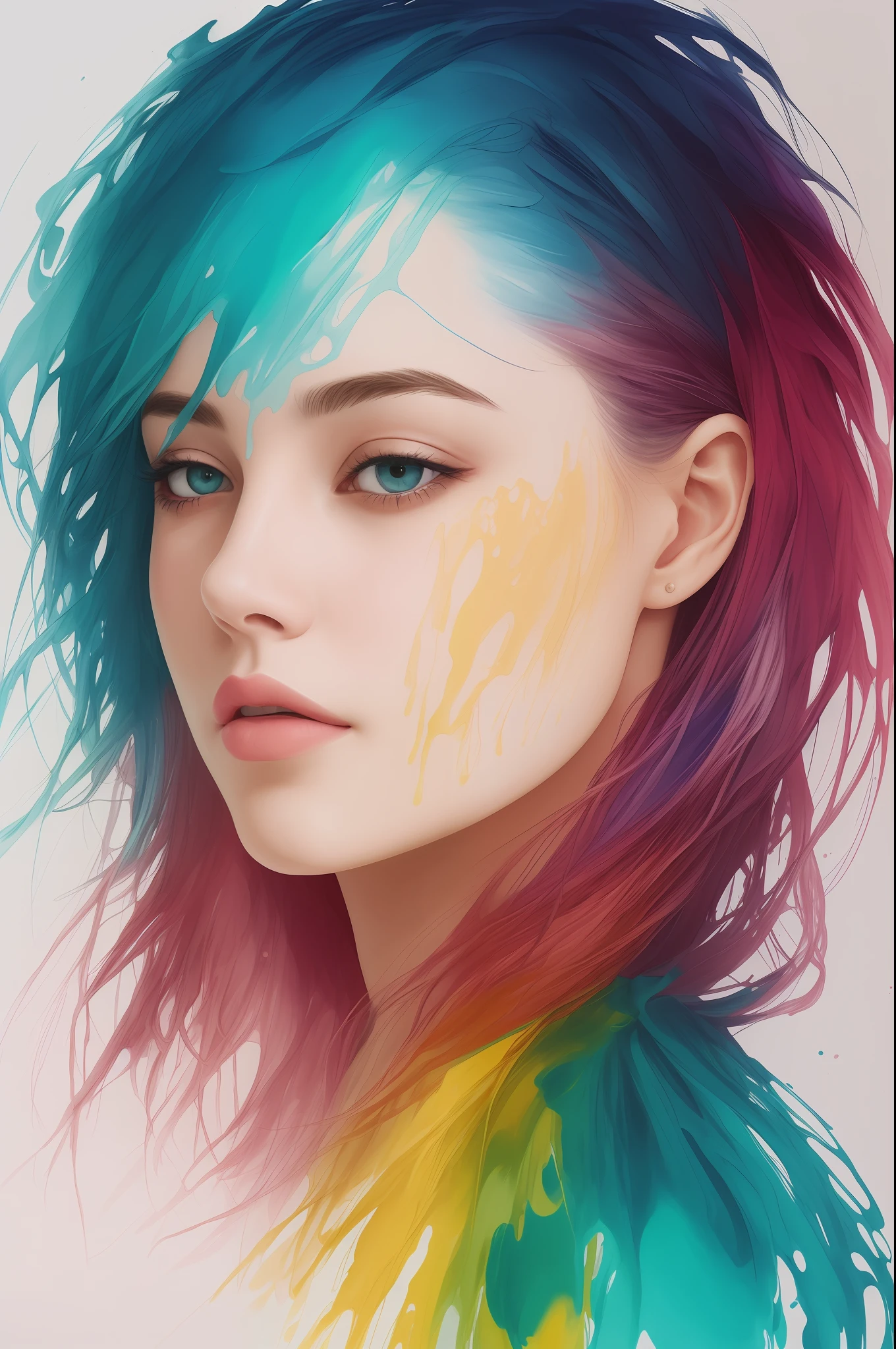Colorful beautiful girl: 38-years old, messy hair, oil painting, nice perfect face with soft skinice perfect face, blue yellow colors, light purple and violet additions, light red additions, intricate detail, splash screen, 8k resolution, masterpiece, cute face,artstation digital painting smooth veryBlack ink flow: 8k resolution photorealistic masterpiece: intricately detailed fluid gouache painting: by Jean Baptiste Mongue: calligraphy: acrylic: watercolor art, professional photography, natural lighting, volumetric lighting maximalist photoillustration: by marton bobzert:, complex, elegant, expansive, fantastical, wavy hair, vibrant