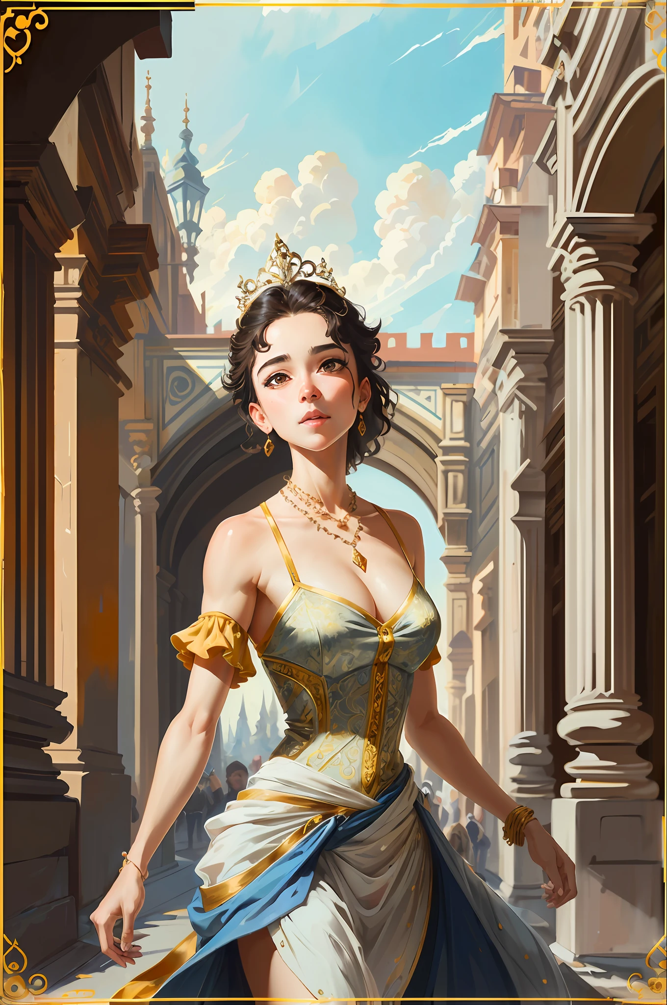Model shooting style, (extremely detailed CG Unity 8k wallpaper), full-shot body photo of the most beautiful artwork in the world, stunning beautiful photo realistic available, super realistic super detailed photo, a beautiful girl as a female dancer entering the Loggia dei Lanzi of Florence,complex dress, banquet, crowd, [slight smile], (Sculpture of Hercules background), (princess eyes, shining pupils), detailed symmetrical beautiful hazel eyes, detailed gorgeous face, highly detailed, Vibrant, professional majestic oil painting by Ed Blinkey, Atey Ghailan, Studio Ghibli, Jeremy Mann, Greg Manchess, Antonio Moro, ArtStation Trends, CGSociety Trends, Complex, High Detail, Sharp Focus, Dramatic, Realistic Painting Art, by Midjourney and Greg Written by Rutkowski