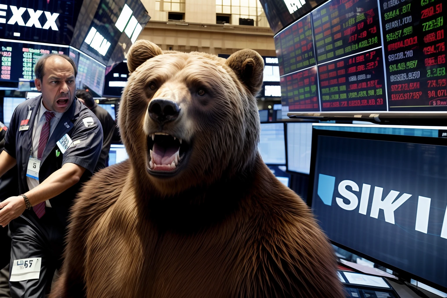 A angry bear atacking investors inside a stock Exchange building,