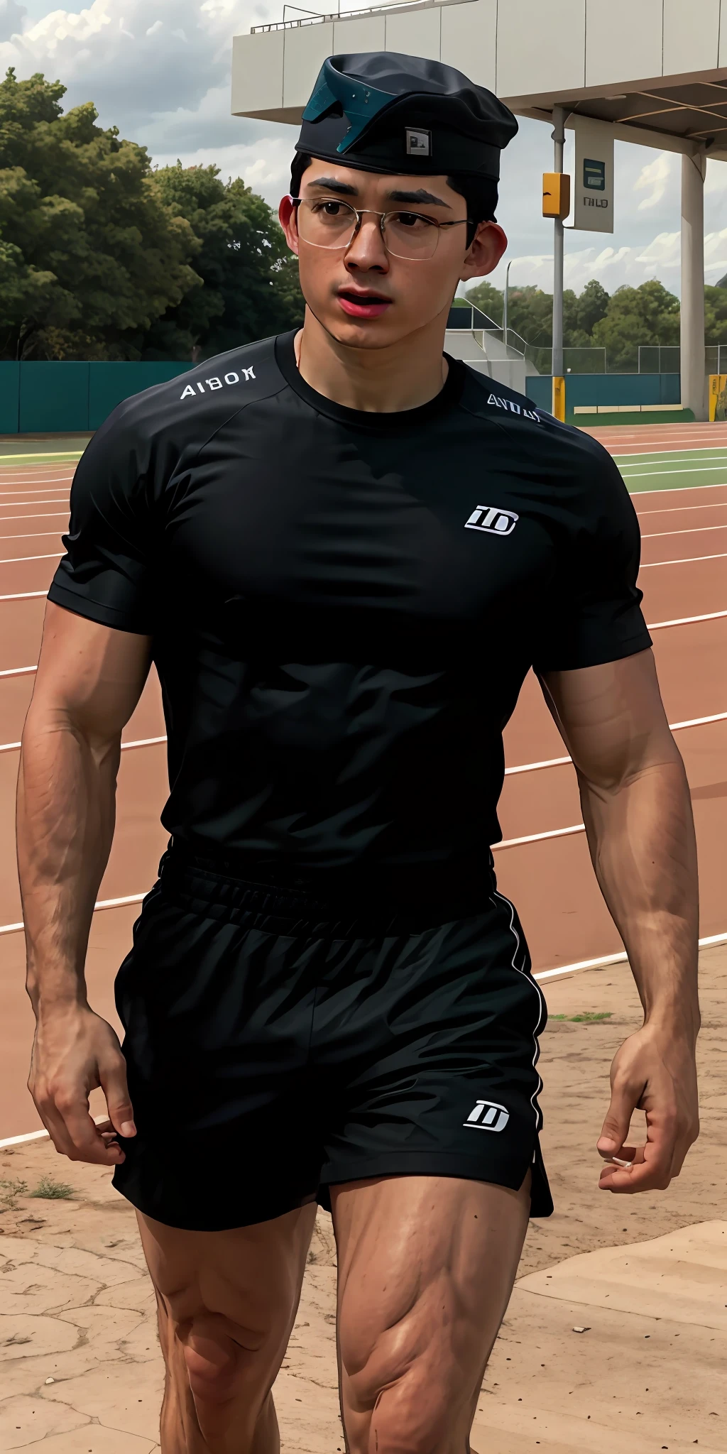 beautiful adult Indonesian college guy, hairy chest, pubic hair, wearing clear glasses, facial hair, military crew cut, in tight outfit, outside on track field, ((slim, muscular)), photorealistic, photo, masterpiece, realistic, realism, photorealism, high contrast, photorealistic digital art trending on Artstation 8k HD high definition detailed realistic, detailed, skin texture, hyper detailed, realistic skin texture, armature, best quality, ultra high res, (photorealistic:1.4),, high resolution, detailed, raw photo, sharp re, by lee jeffries nikon d850 film stock photograph 4 kodak portra 400 camera f1.6 lens rich colors hyper realistic lifelike texture dramatic lighting unrealengine trending on artstation cinestill 800,